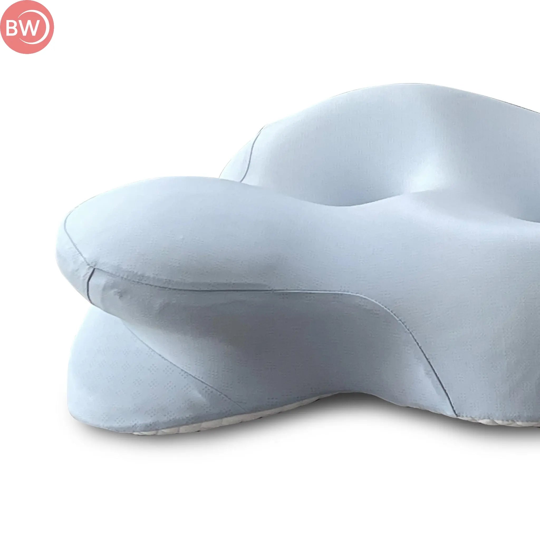 Light blue contoured balance pillow with curved channel for body support