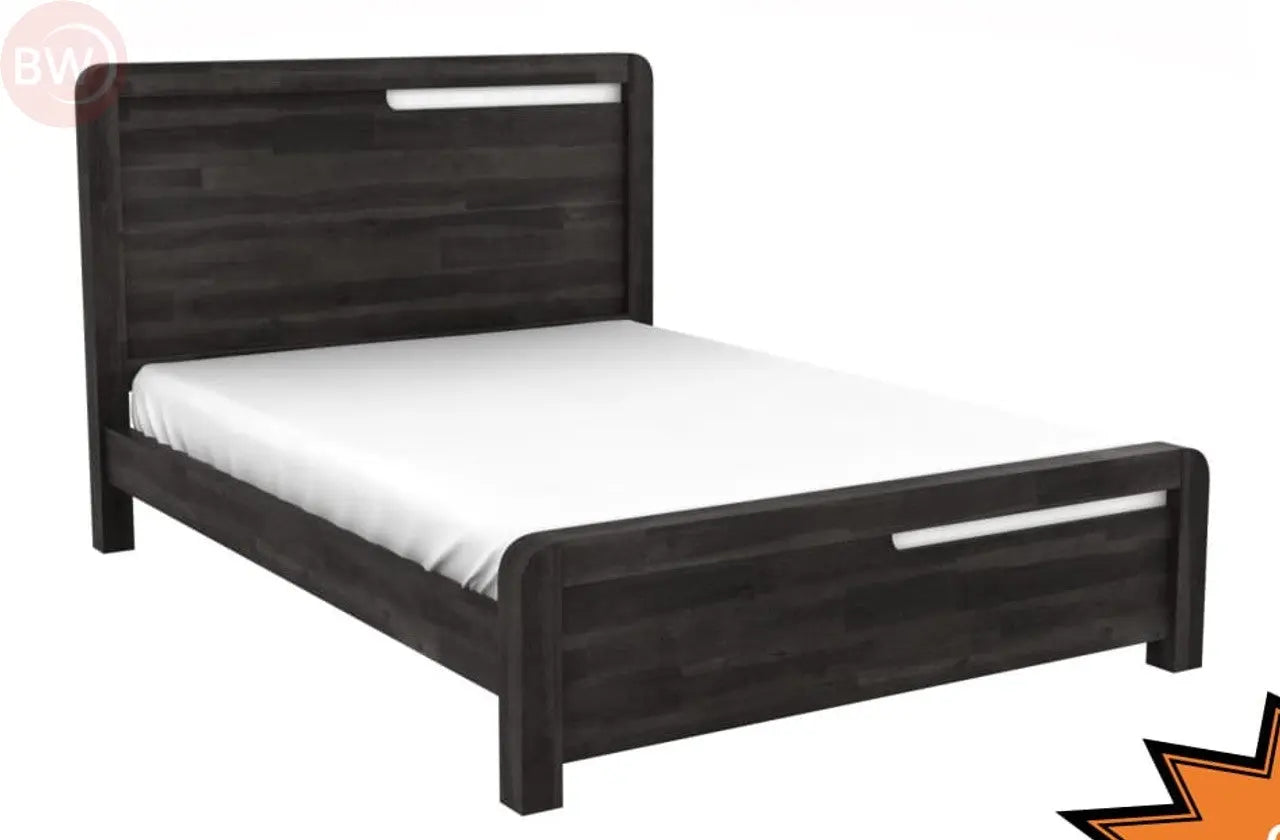 Dark wood bed frame with panel headboard and footboard, low profile