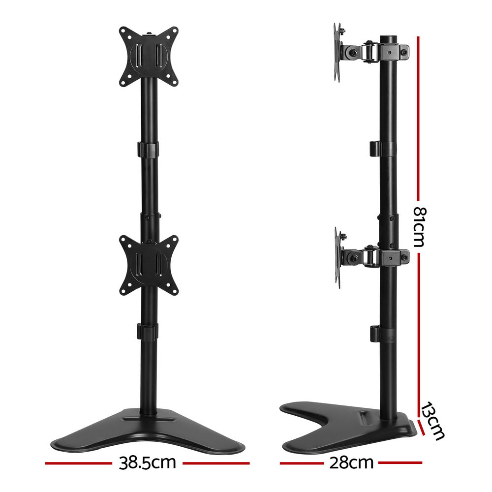 Dual VESA monitor arm stand, adjustable height with two mounting heads, black finish