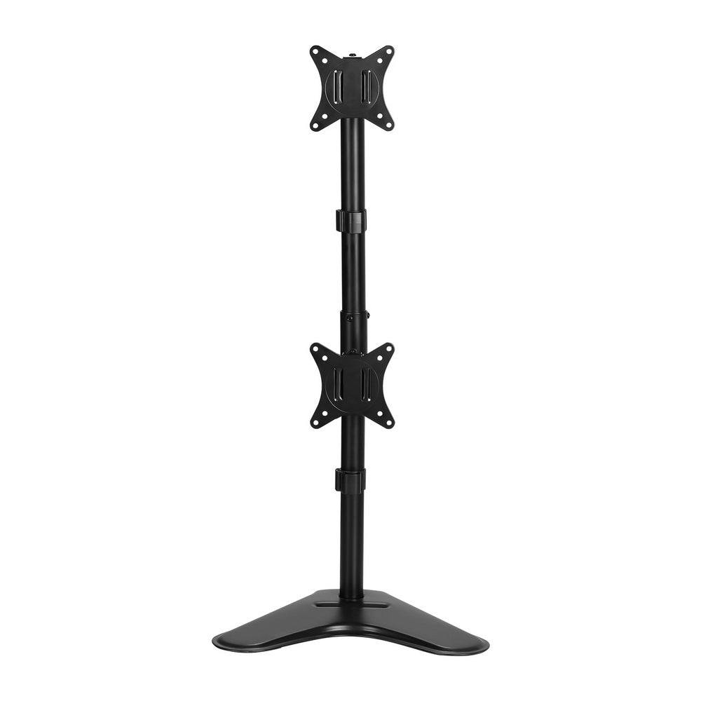 Freestanding dual monitor arm stand with two VESA plates and wide pedestal base, black