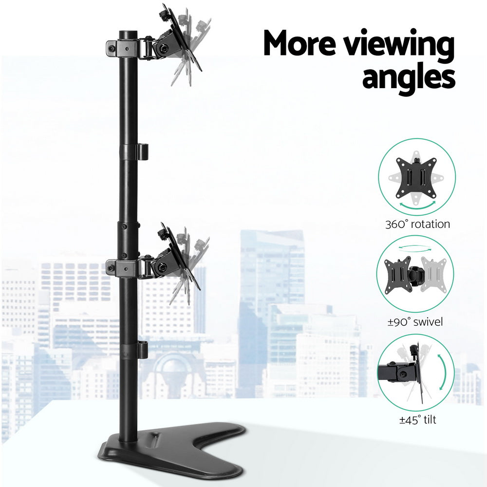 Black freestanding monitor arm stand showing pivoting mounting brackets and pedestal base