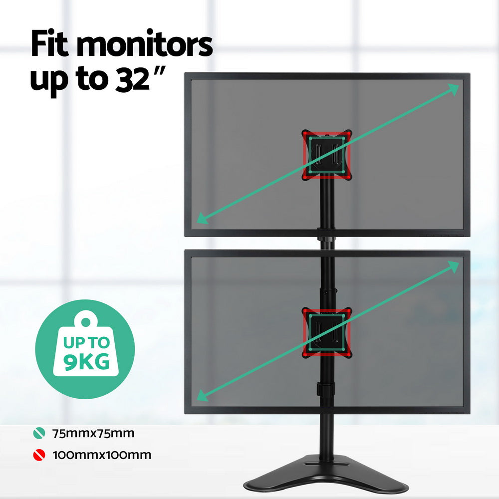 Dual monitor arm stand with base holding two monitors in an aligned vertical stack, black