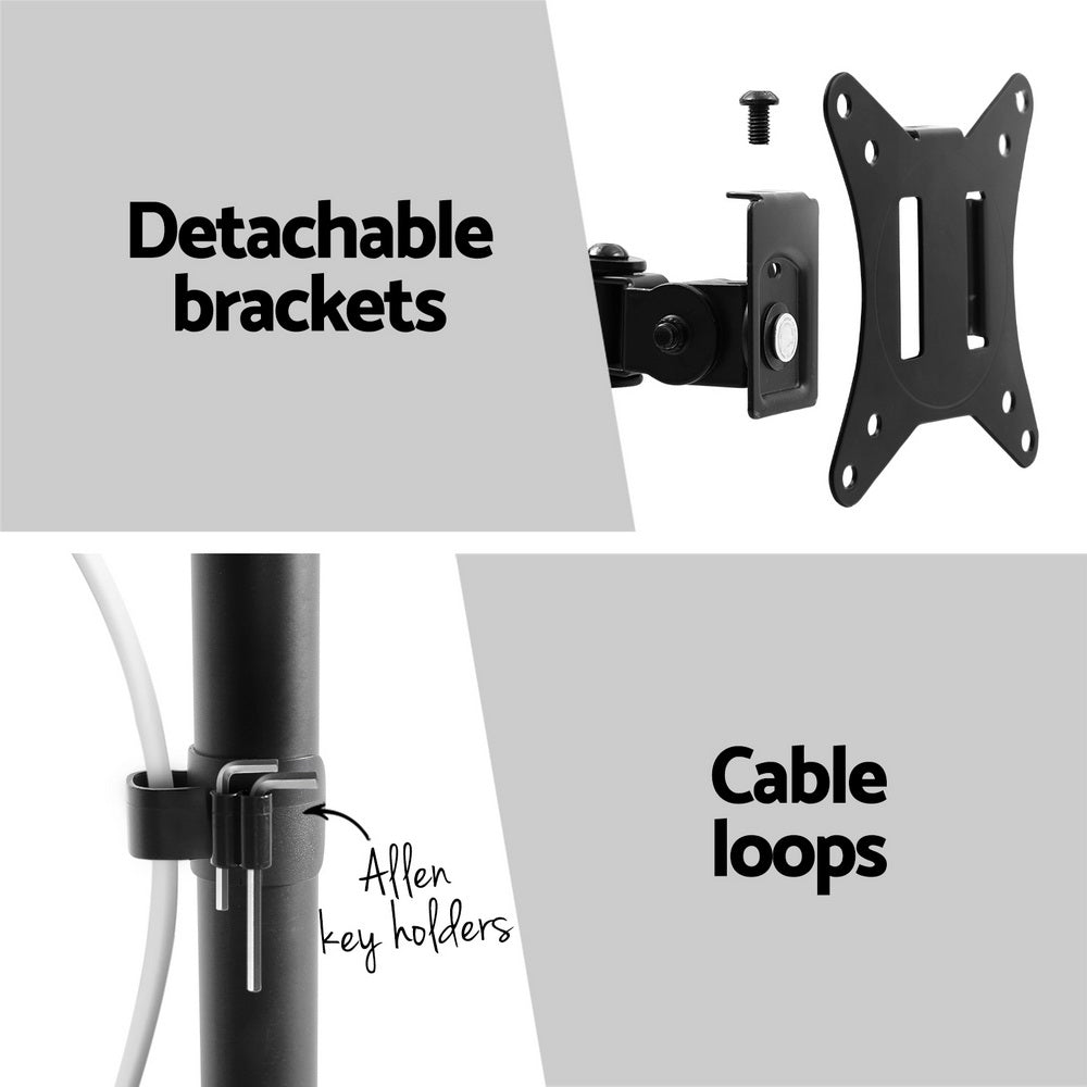 Monitor arm stand with detachable VESA brackets and cable loops on the black pole