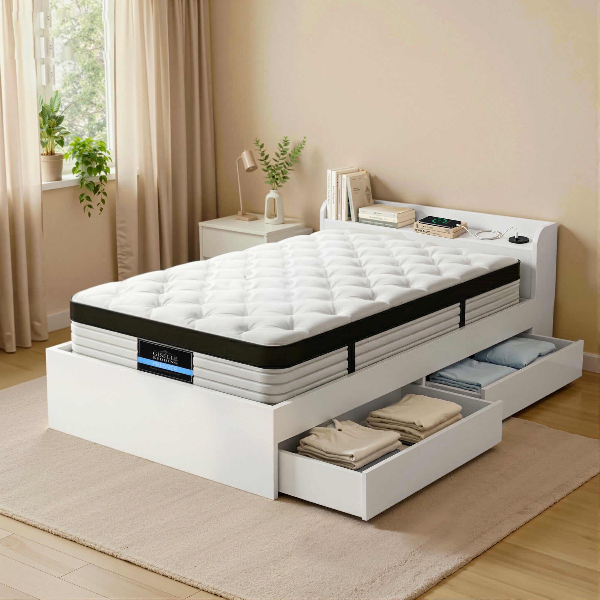 Giselle Single Mattress 5-zone Pocket Spring Mattresses with Artiss Wooden Storage Bed Frame Set Bedworld