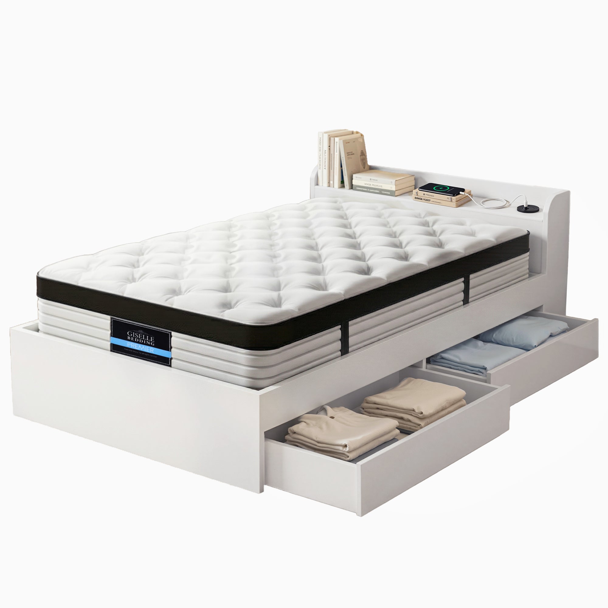 Giselle Single Mattress 5-zone Pocket Spring Mattresses with Artiss Wooden Storage Bed Frame Set Bedworld
