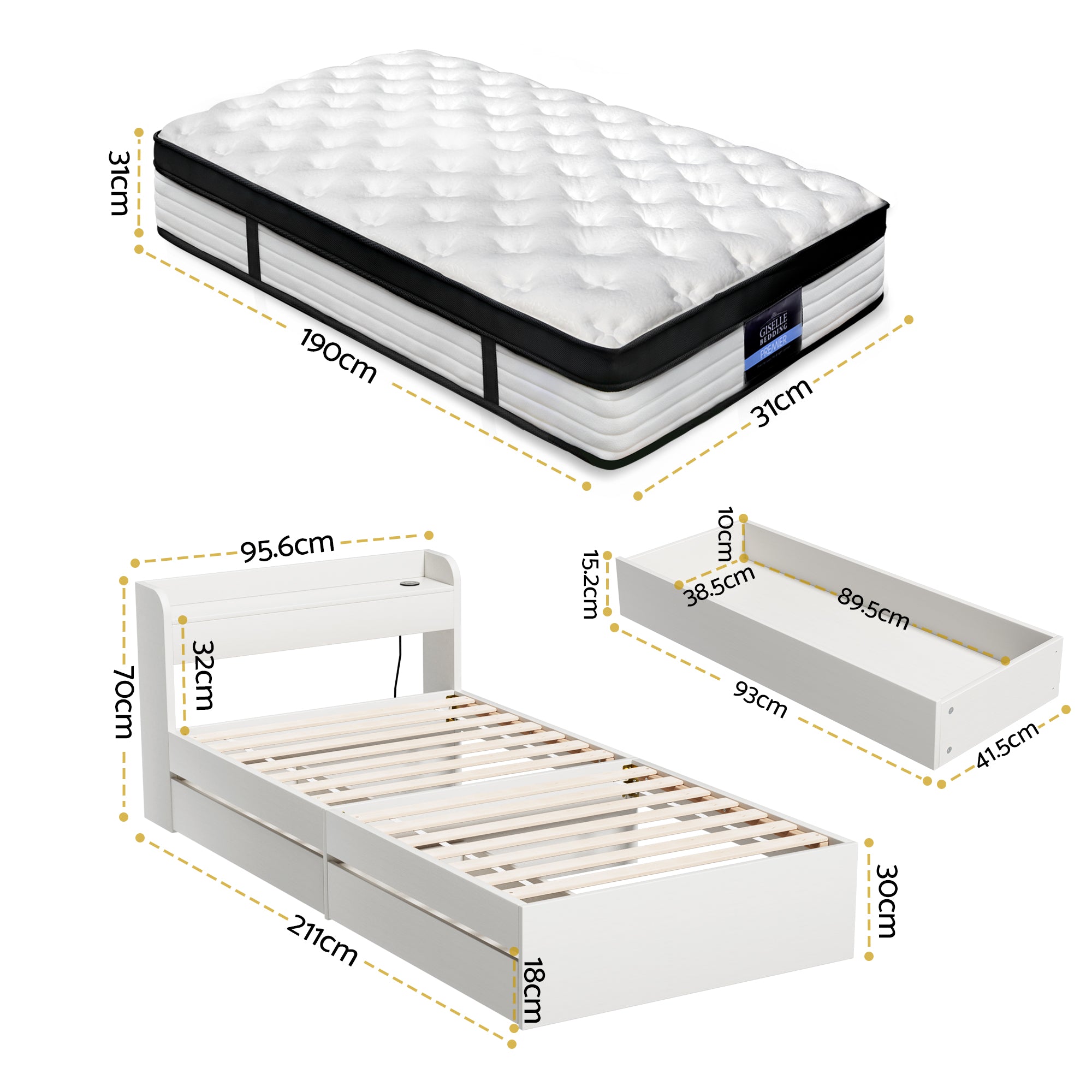 Giselle Single Mattress 5-zone Pocket Spring Mattresses with Artiss Wooden Storage Bed Frame Set Bedworld