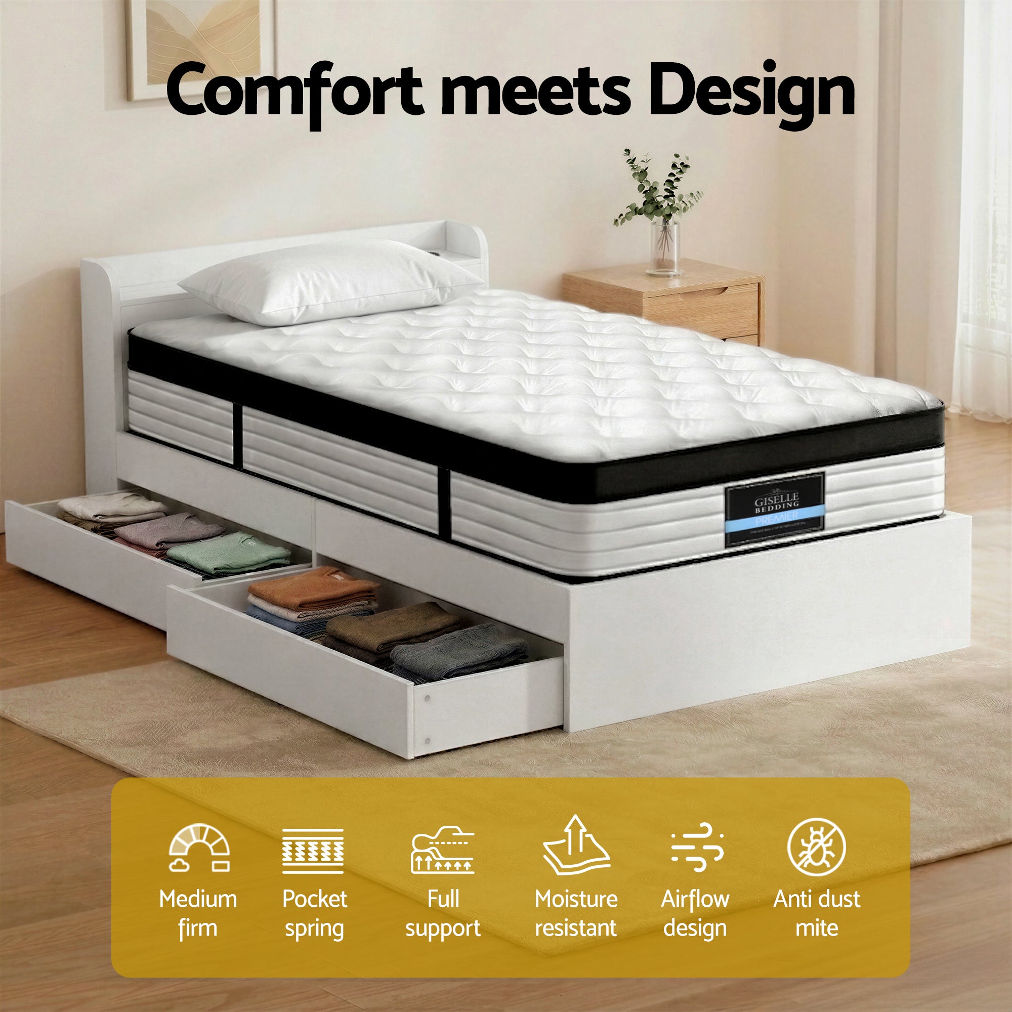 Giselle Single Mattress 5-zone Pocket Spring Mattresses with Artiss Wooden Storage Bed Frame Set Bedworld
