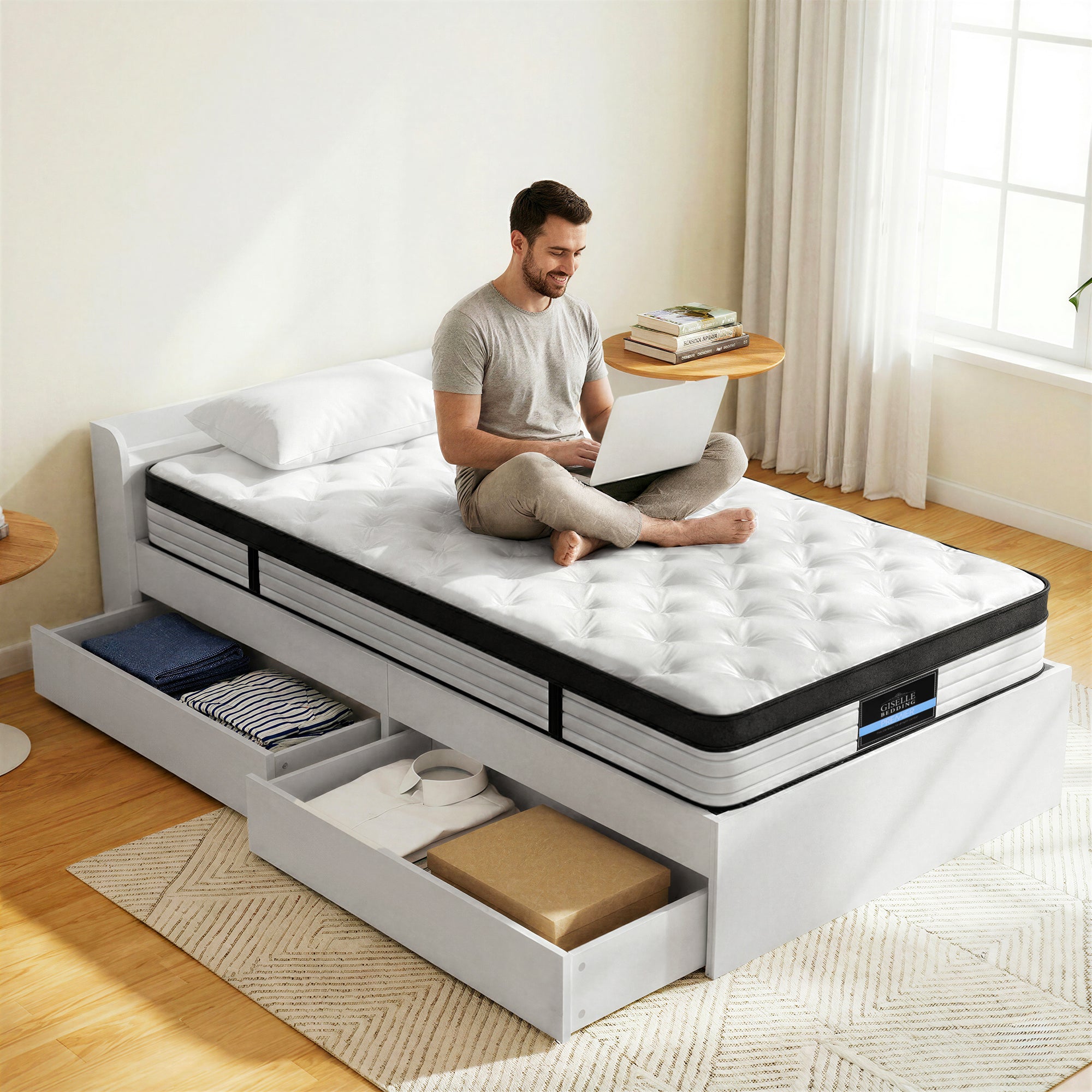 Giselle Single Mattress 5-zone Pocket Spring Mattresses with Artiss Wooden Storage Bed Frame Set Bedworld