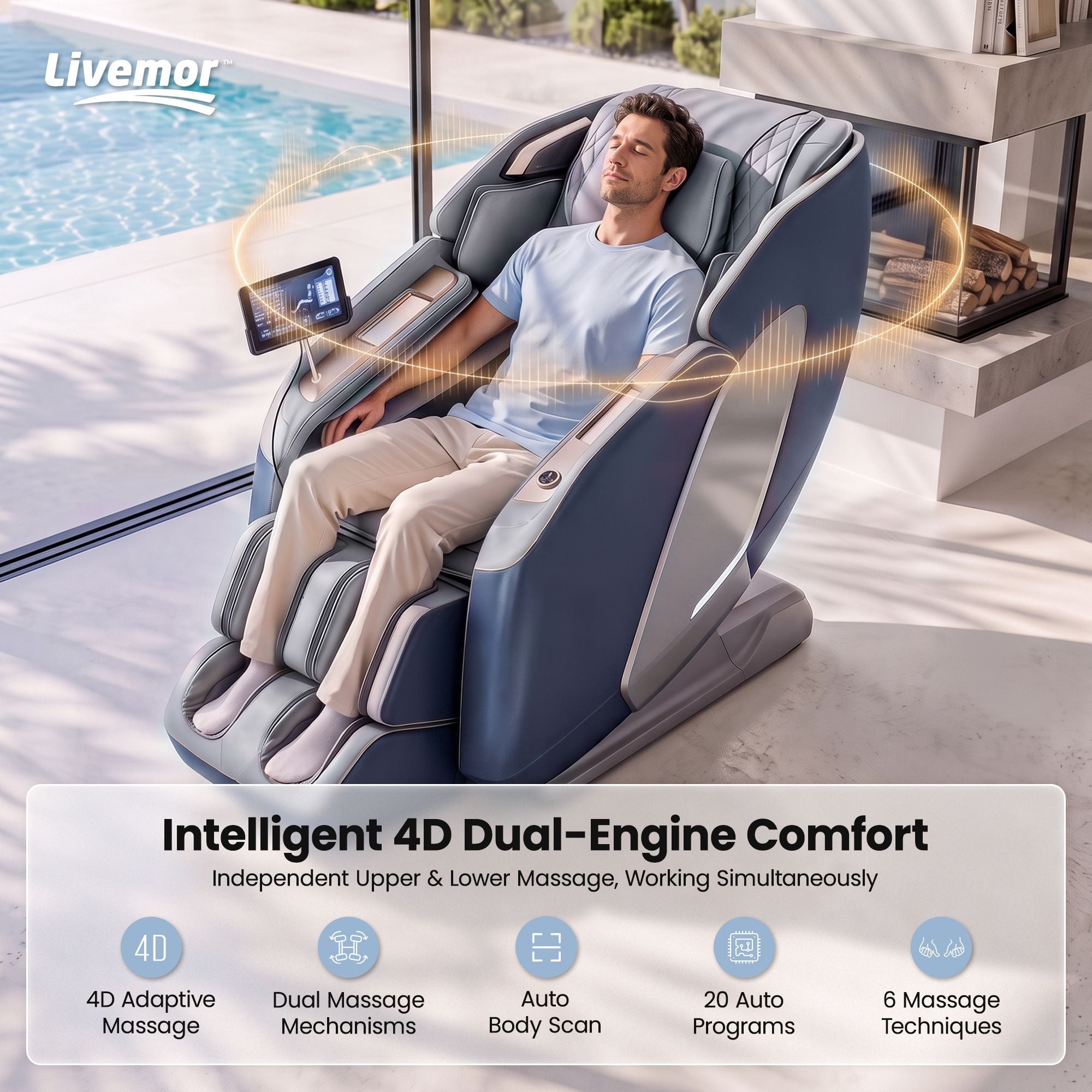 Livemor 4D Massage Chair Double Core SL Track Recliner Full Body Zero Gravity Heat Body Scan Melisa Bedworld