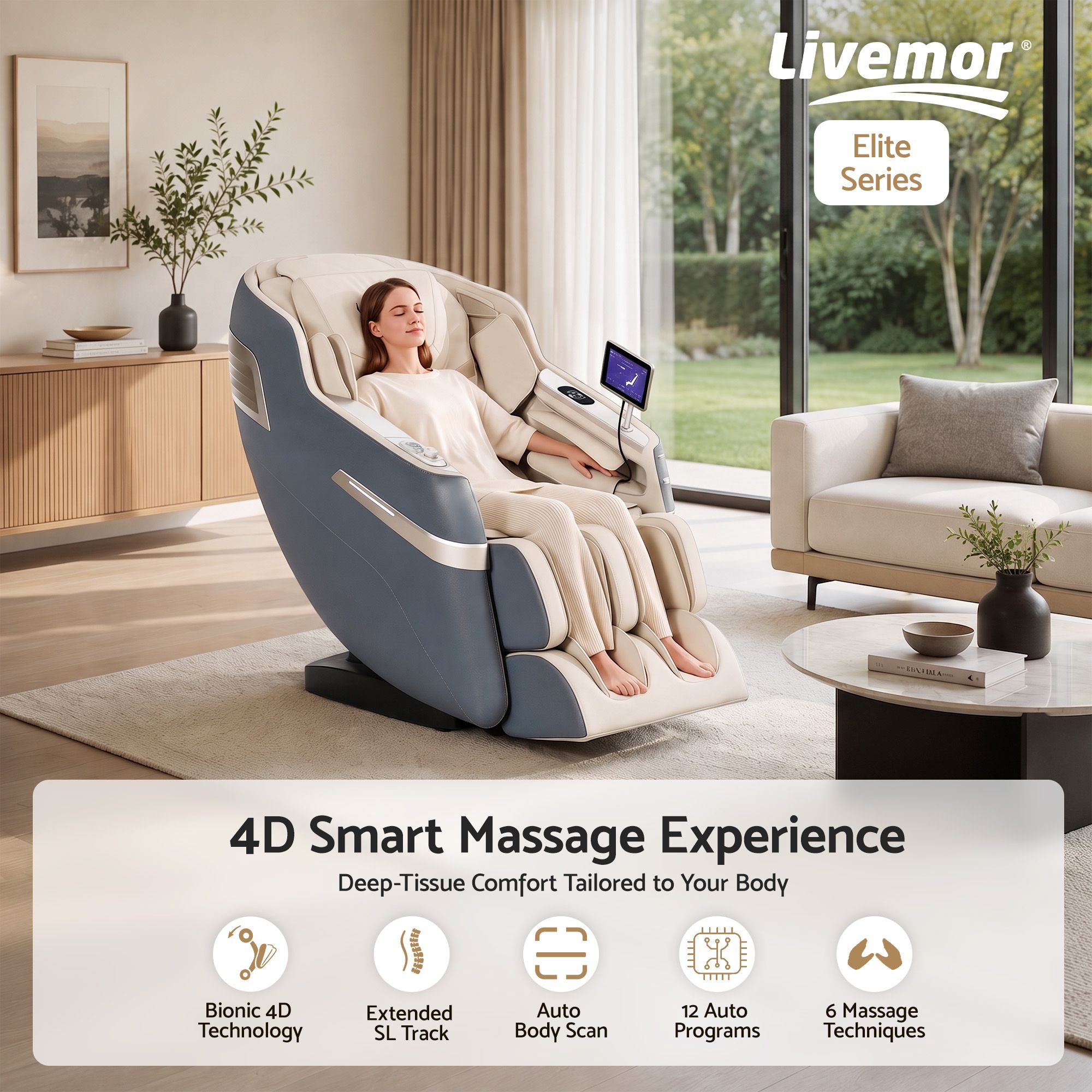 Livemor Elite 4D Massage Chair E1 Full Body Zero Gravity Recliner SL Track AI Body Scan Bedworld
