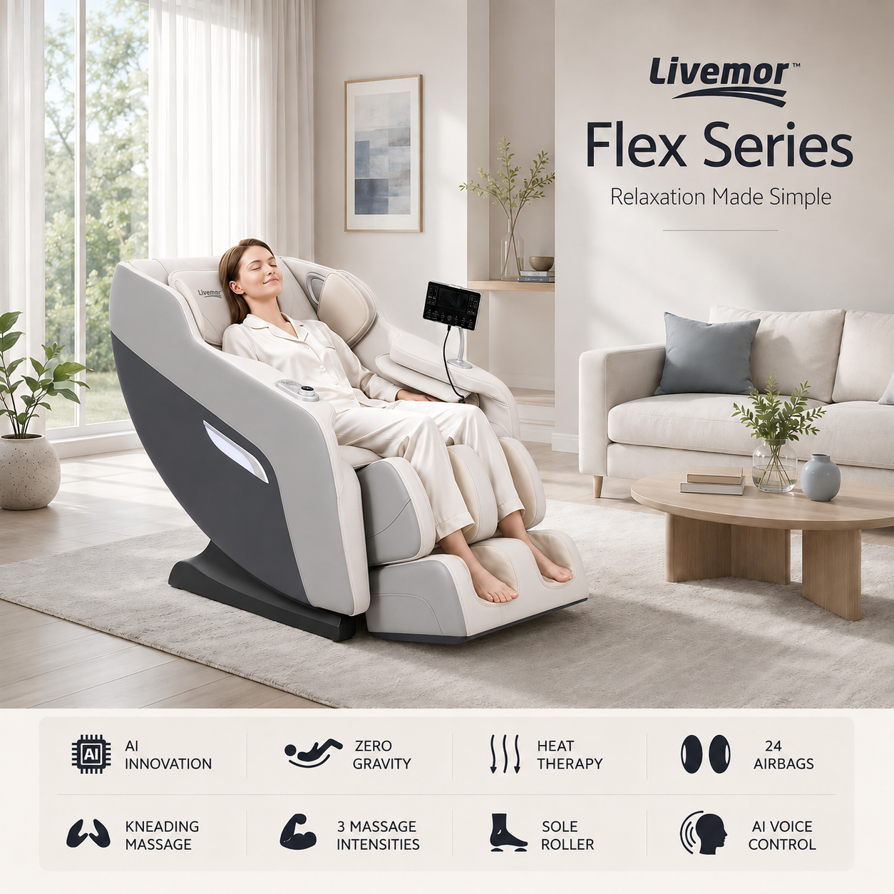 Livemor Flex Massage Chair Full Body Zero Gravity with Heat Recliner Home Massager Brisa Bedworld