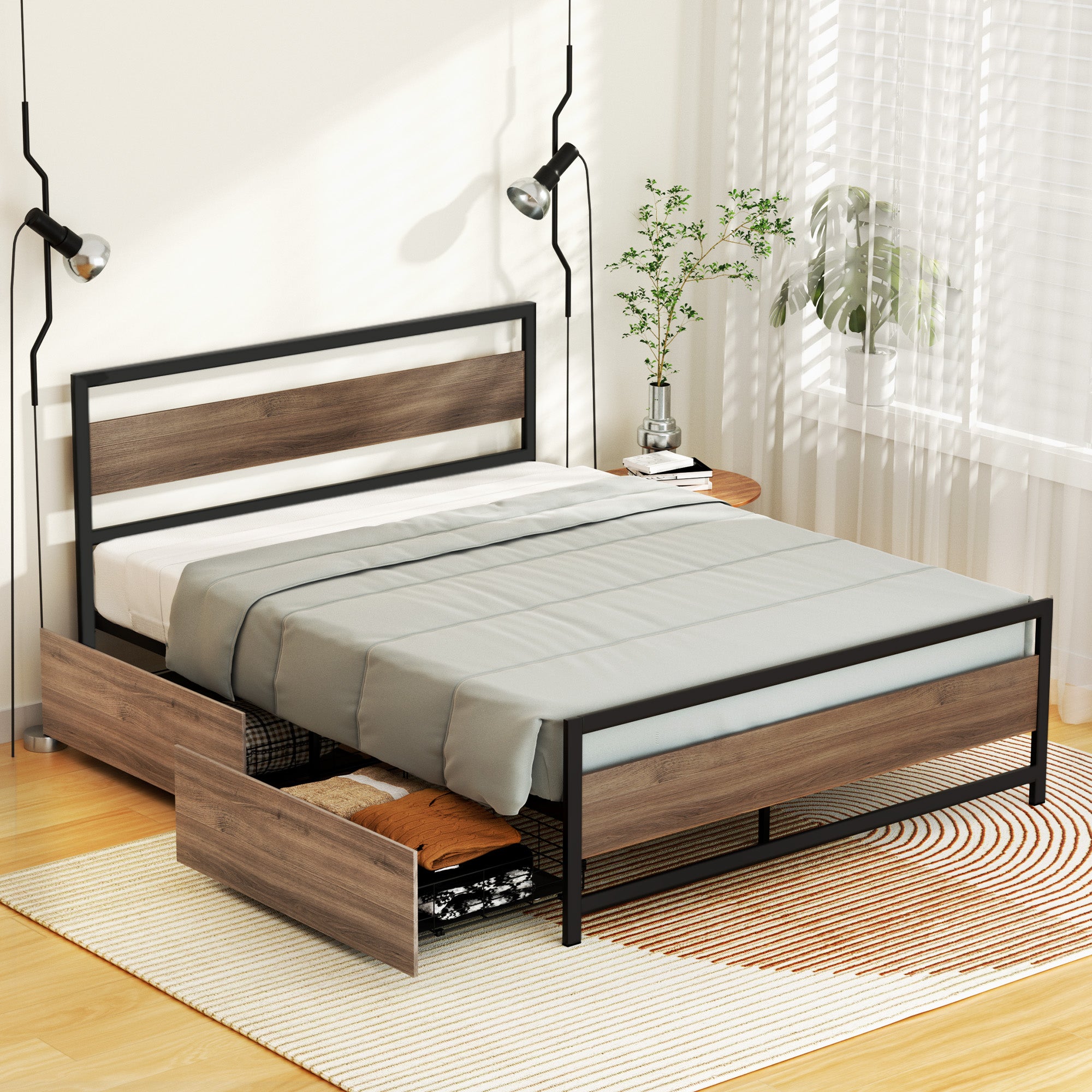 Artiss Bed Frame Double Size Metal Frame with 2 Drawers DREW Bedworld