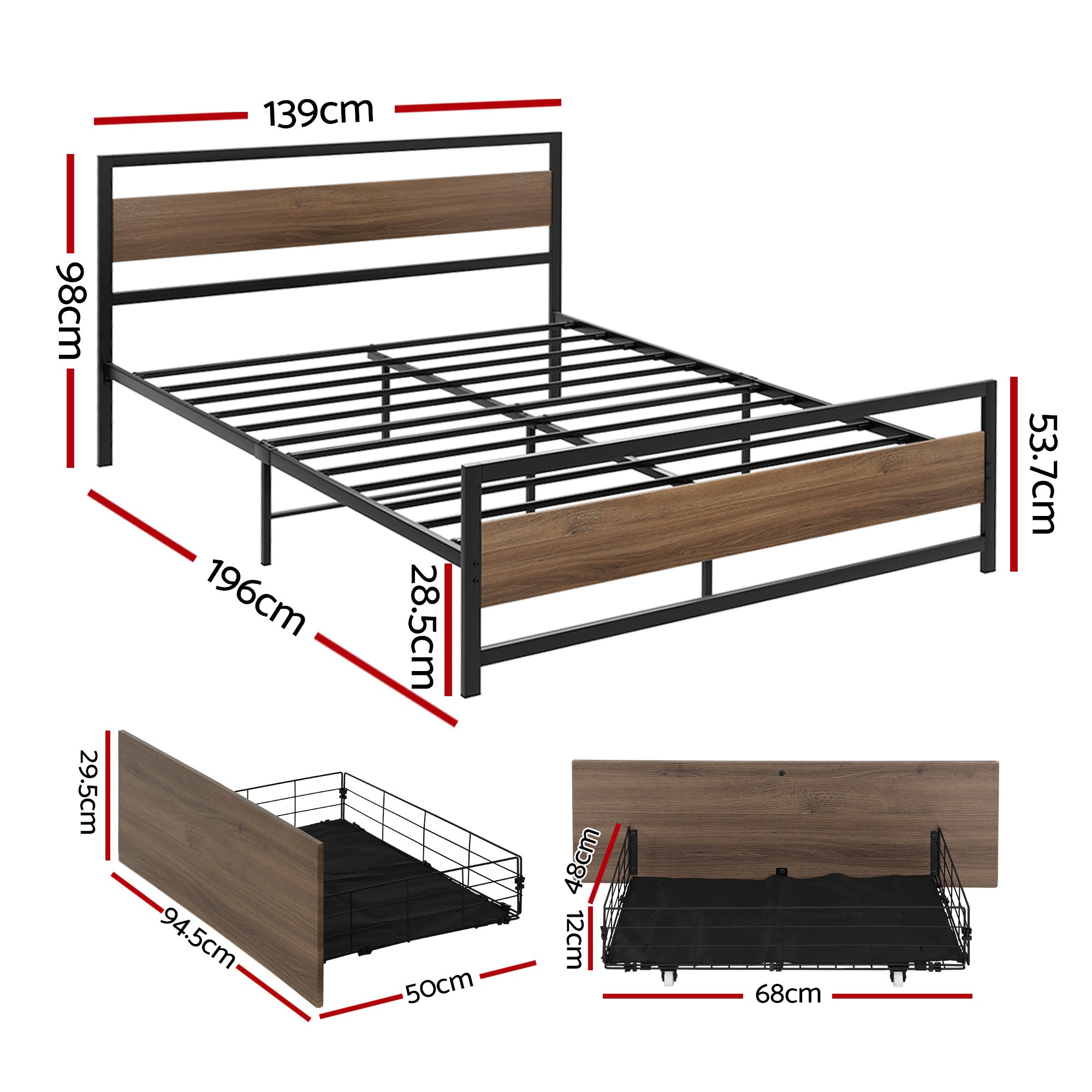 Artiss Bed Frame Double Size Metal Frame with 2 Drawers DREW Bedworld
