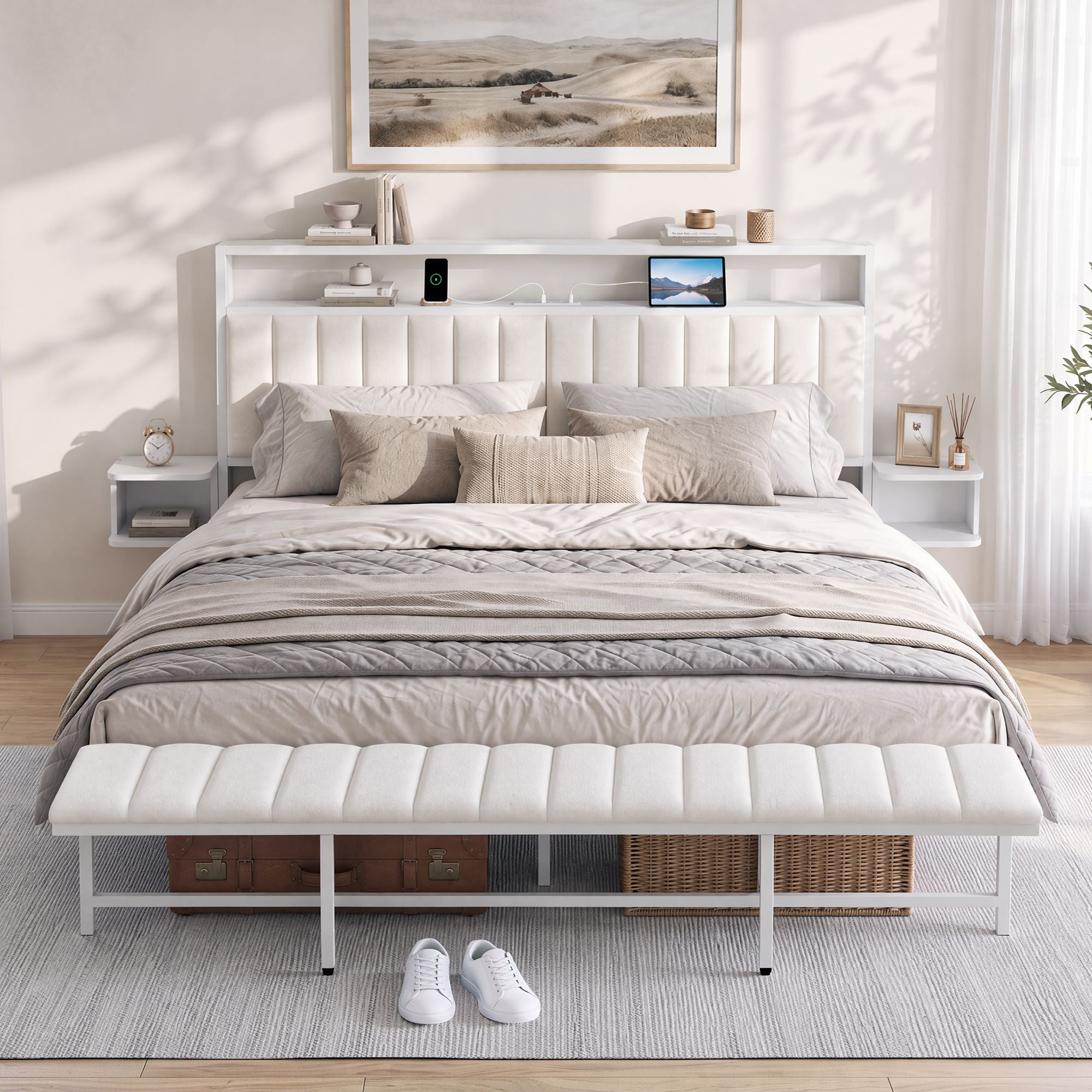 Artiss King Metal Bed Frame Boucle Headboard Charging Station Side Table White Bedworld