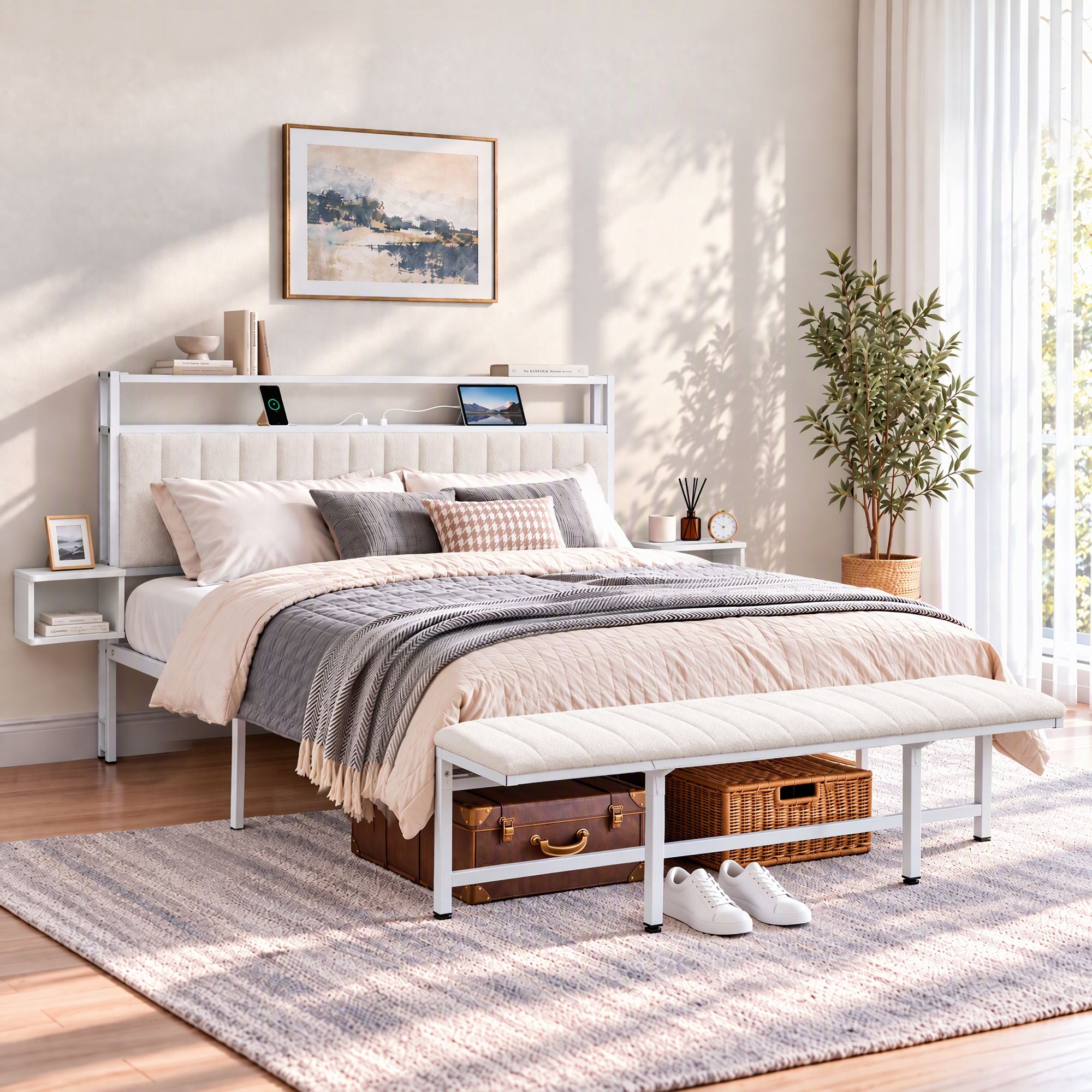 Artiss King Metal Bed Frame Boucle Headboard Charging Station Side Table White Bedworld