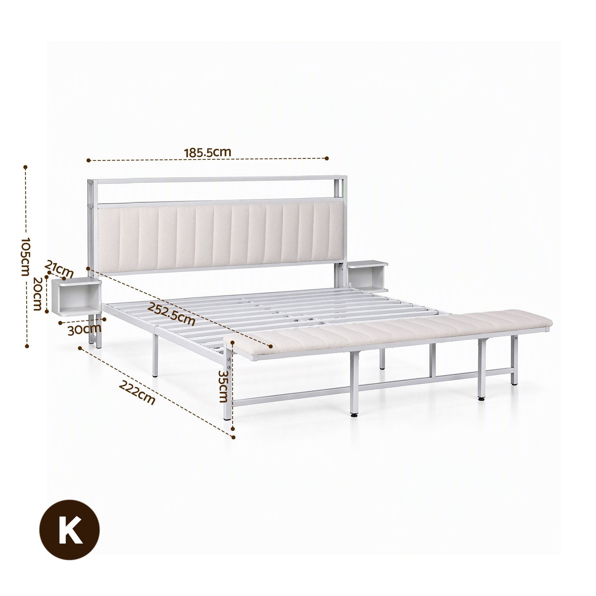 Artiss King Metal Bed Frame Boucle Headboard Charging Station Side Table White Bedworld