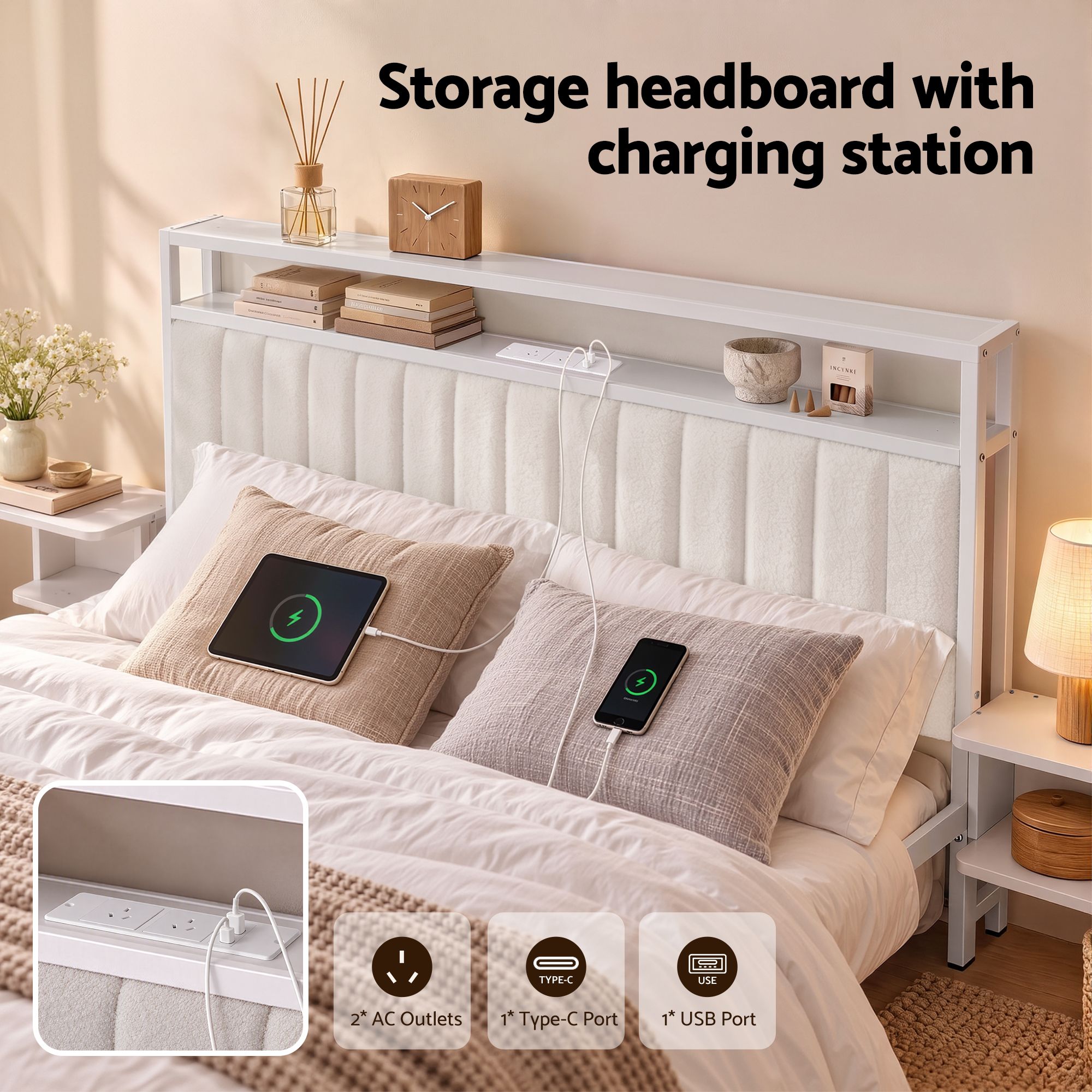 Artiss King Metal Bed Frame Boucle Headboard Charging Station Side Table White Bedworld