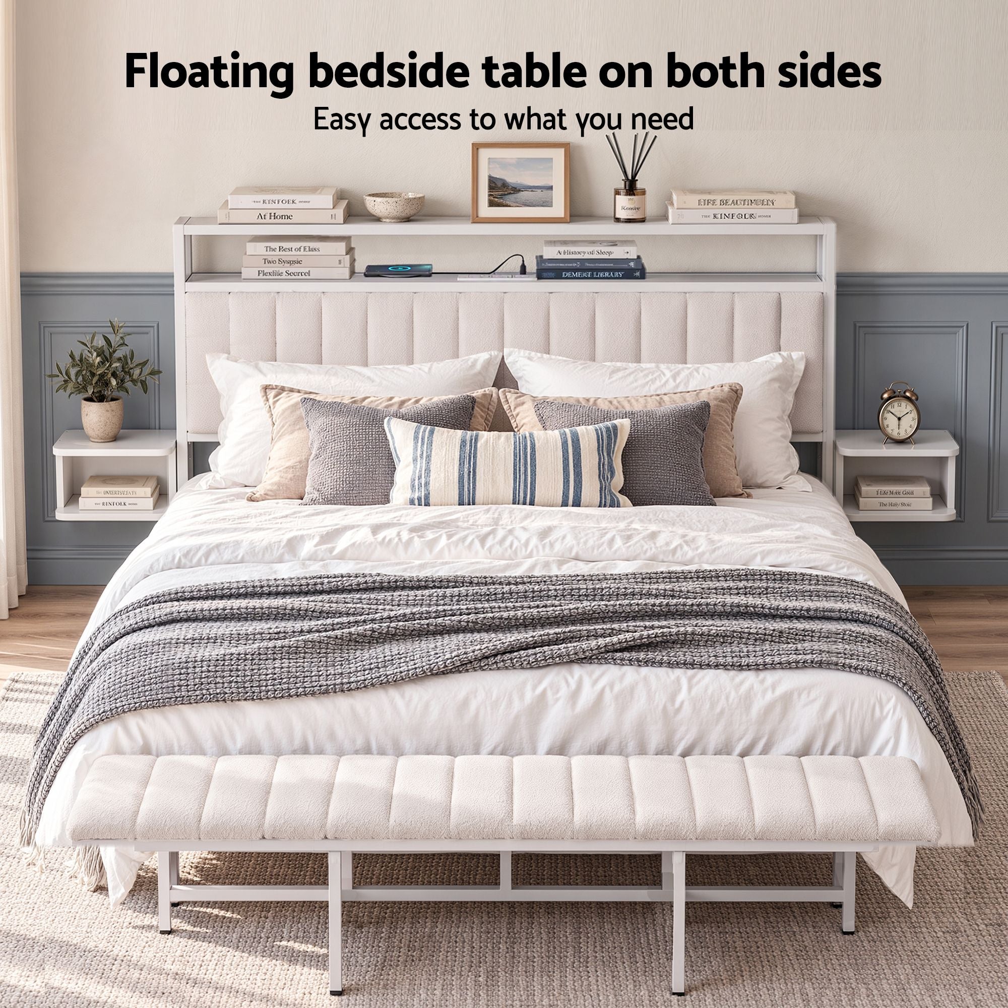 Artiss King Metal Bed Frame Boucle Headboard Charging Station Side Table White Bedworld