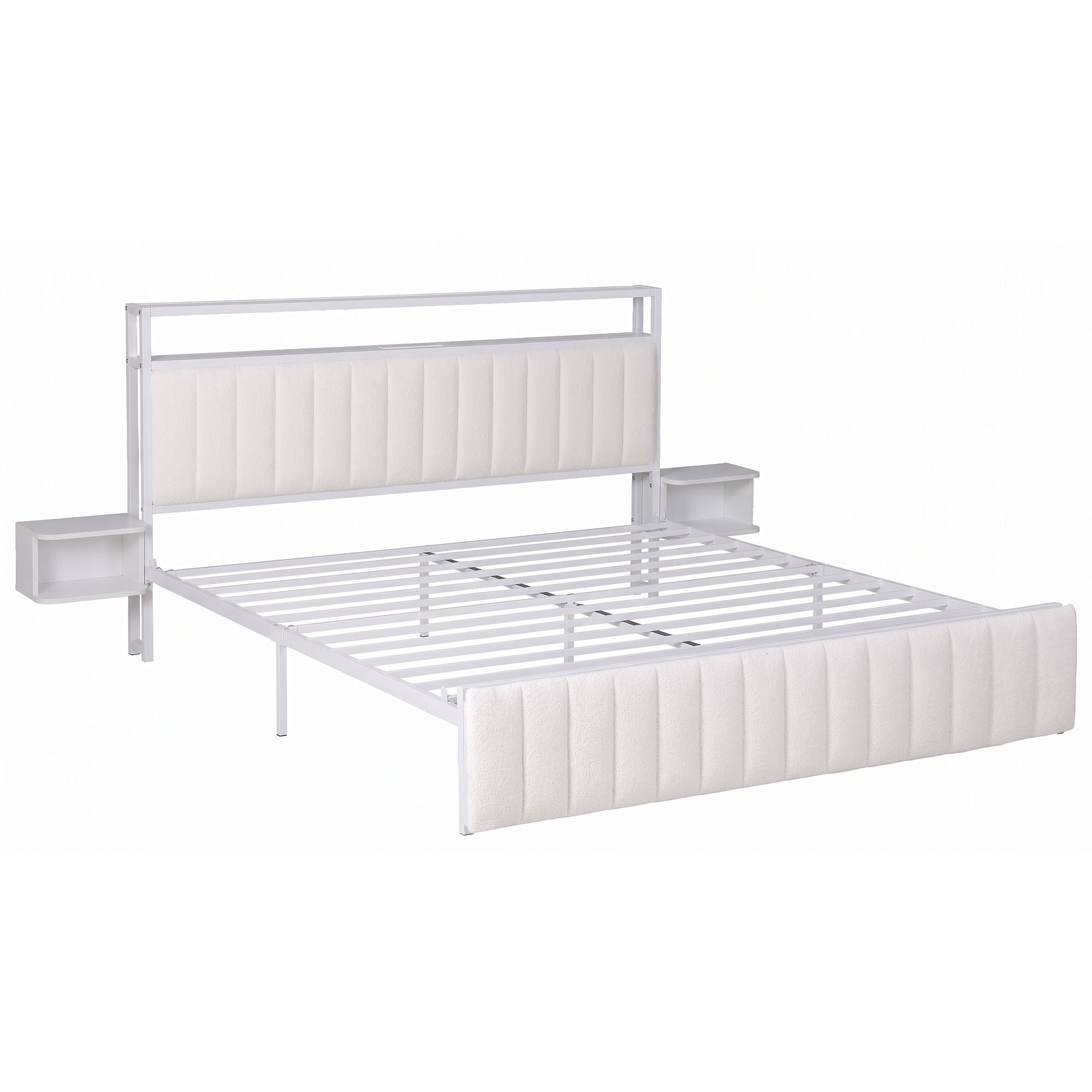 Artiss King Metal Bed Frame Boucle Headboard Charging Station Side Table White Bedworld