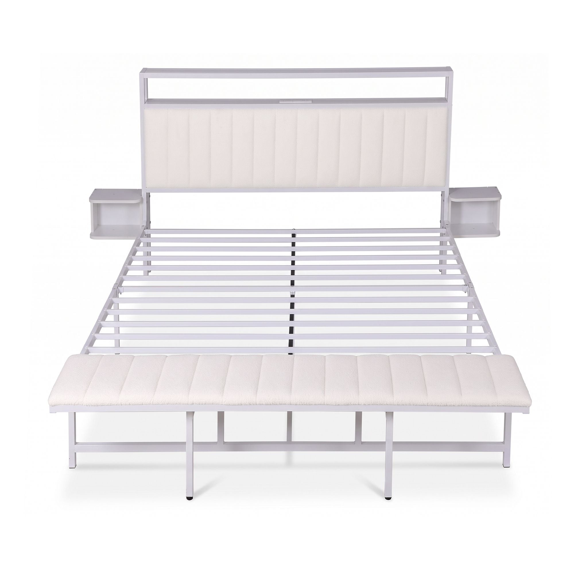 Artiss King Metal Bed Frame Boucle Headboard Charging Station Side Table White Bedworld