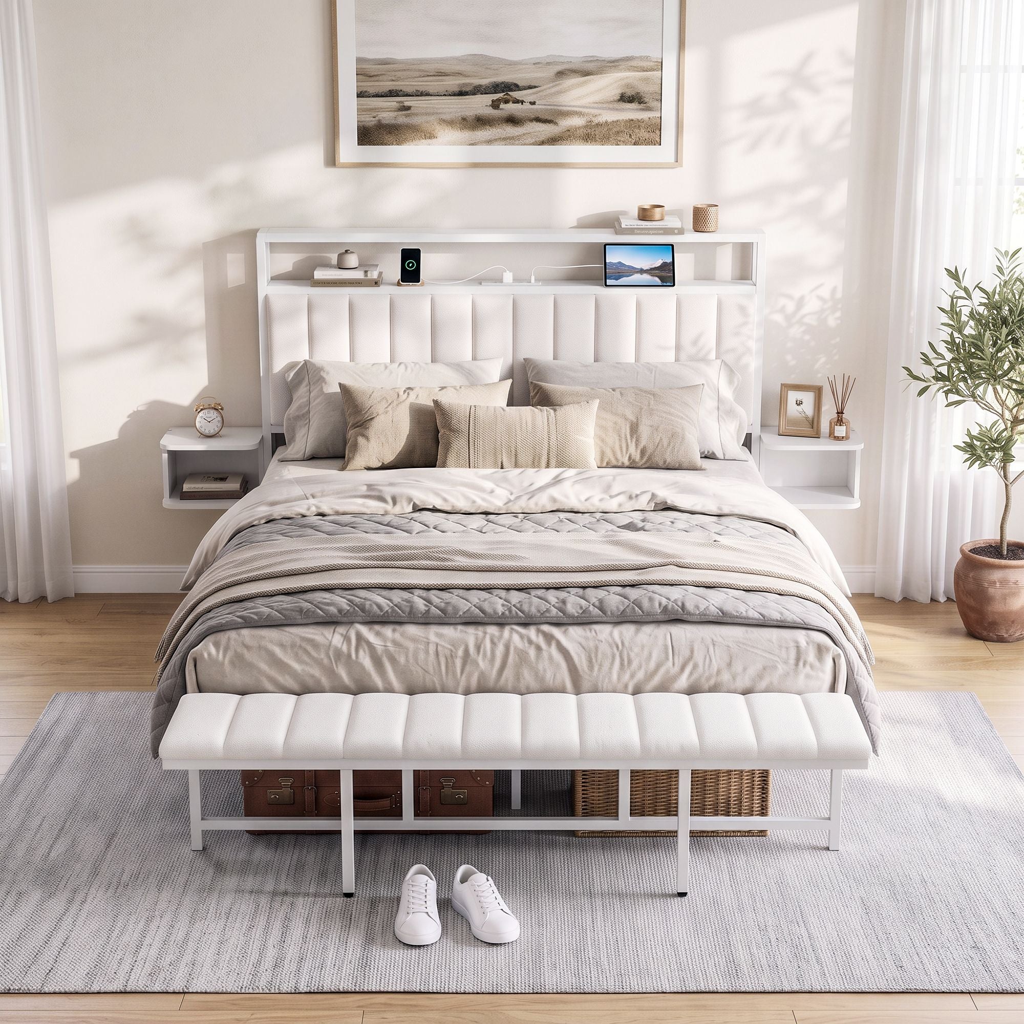 Artiss Queen Metal Bed Frame Boucle Headboard Charging Station Side Table White Bedworld