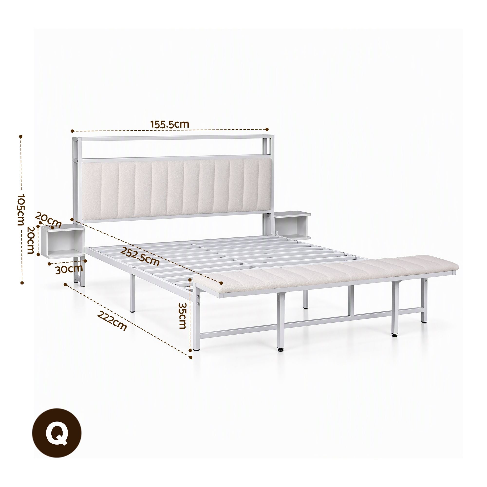 Artiss Queen Metal Bed Frame Boucle Headboard Charging Station Side Table White Bedworld