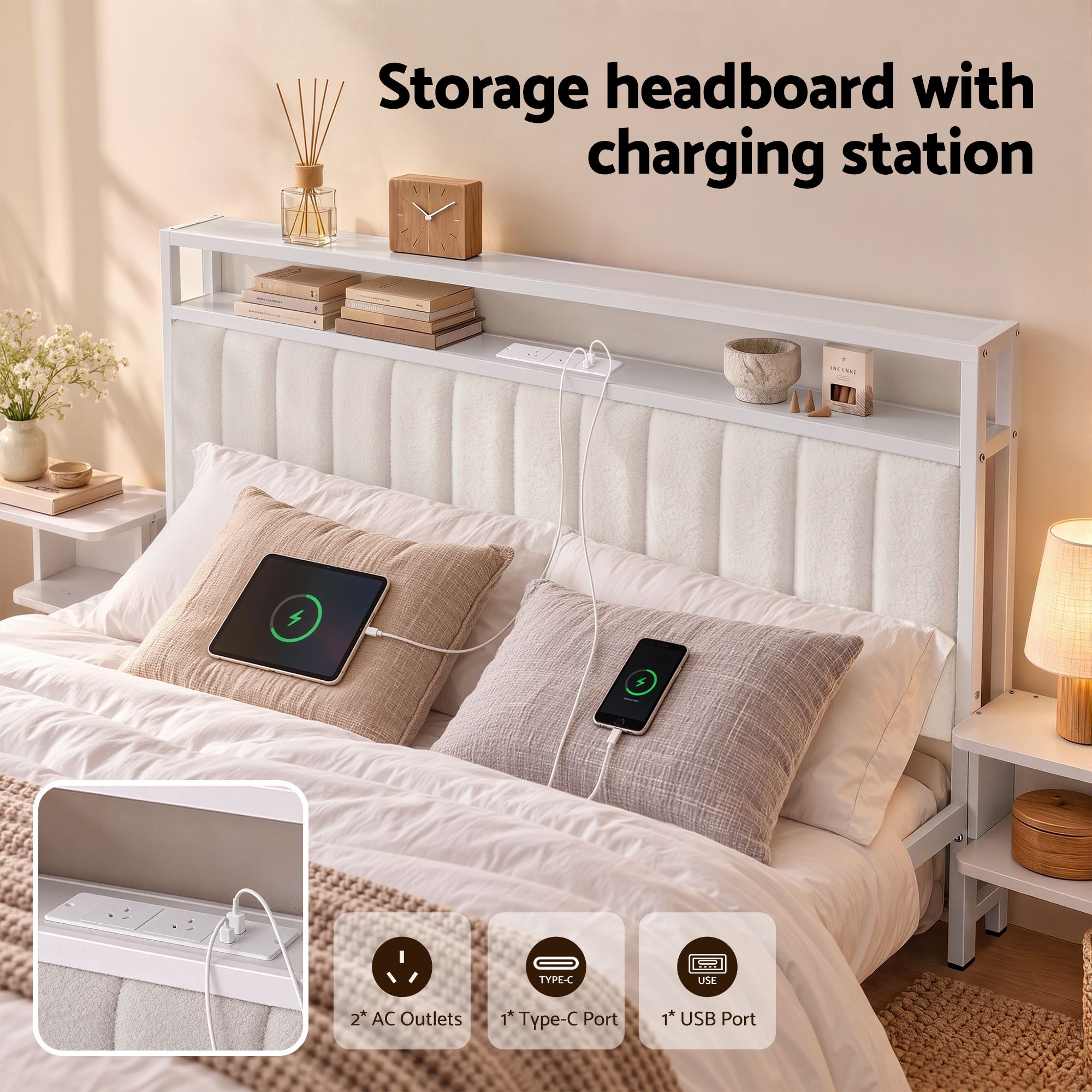 Artiss Queen Metal Bed Frame Boucle Headboard Charging Station Side Table White Bedworld
