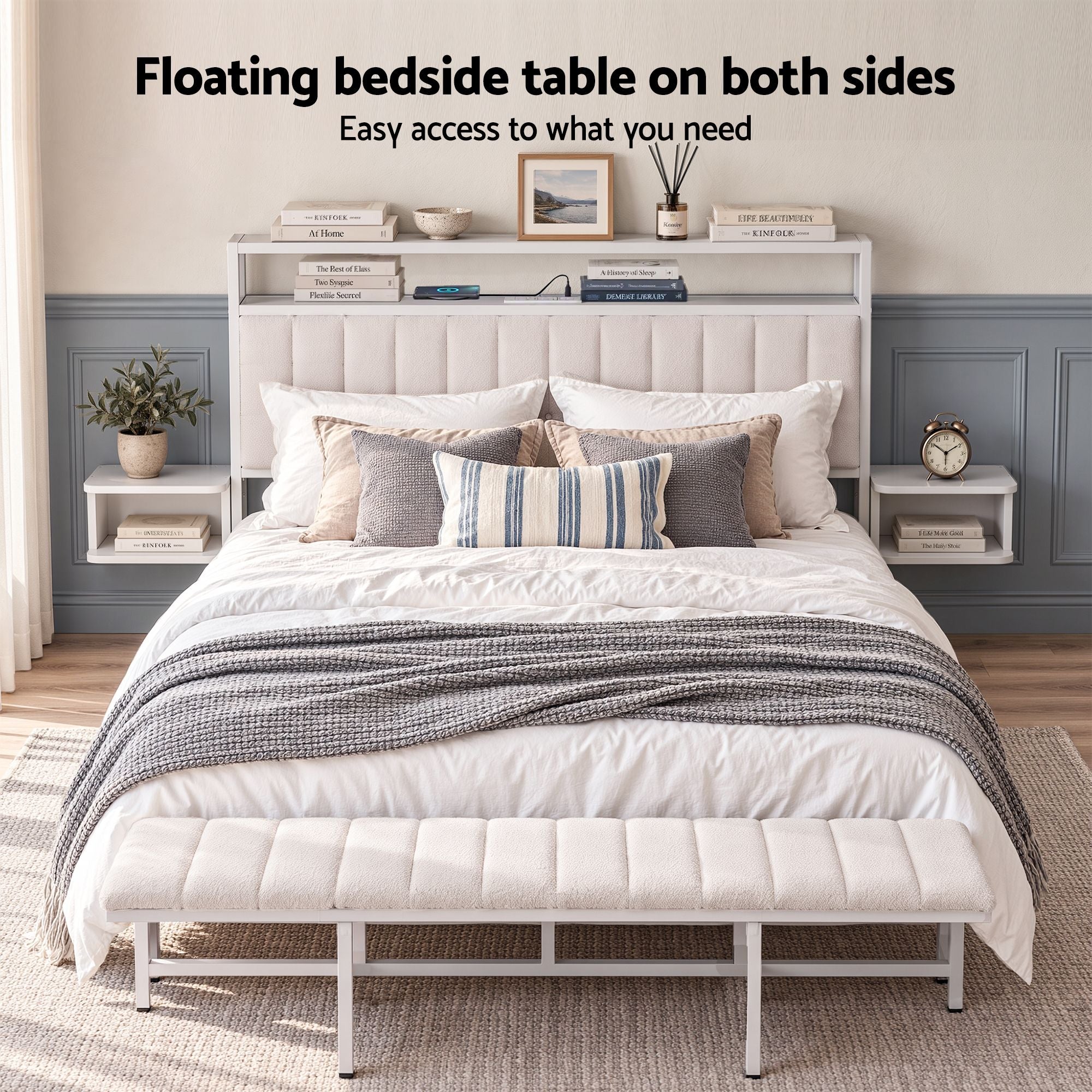 Artiss Queen Metal Bed Frame Boucle Headboard Charging Station Side Table White Bedworld