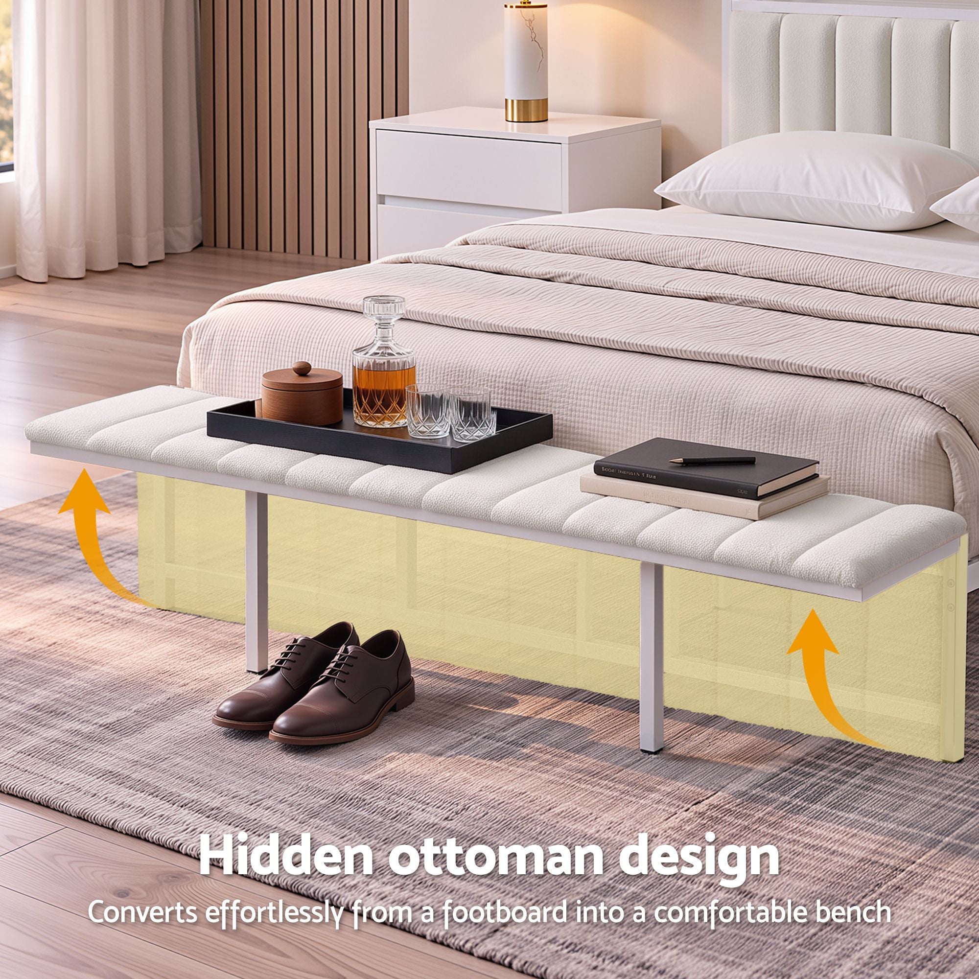 Artiss Queen Metal Bed Frame Boucle Headboard Charging Station Side Table White Bedworld