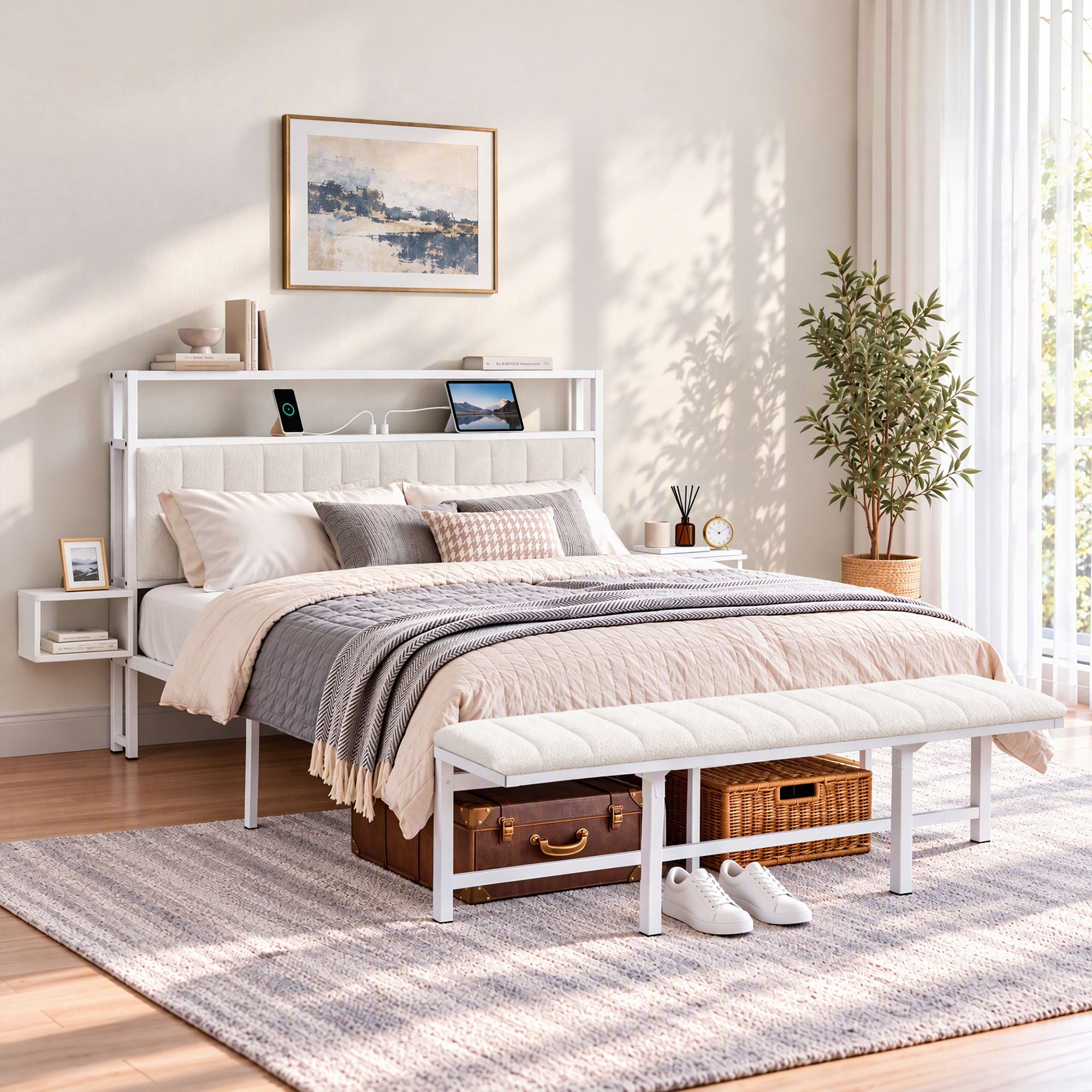 Artiss Queen Metal Bed Frame Boucle Headboard Charging Station Side Table White Bedworld