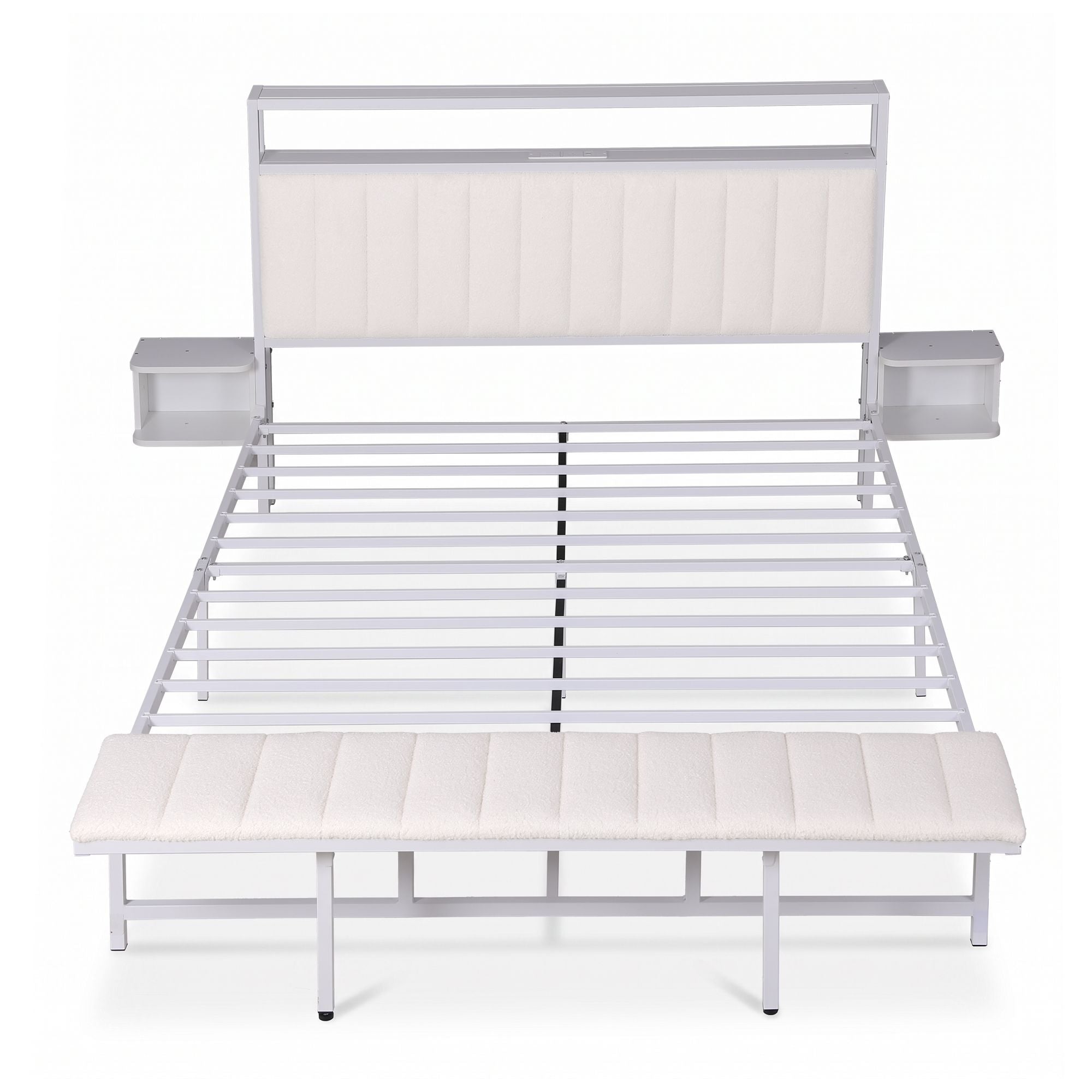 Artiss Queen Metal Bed Frame Boucle Headboard Charging Station Side Table White Bedworld