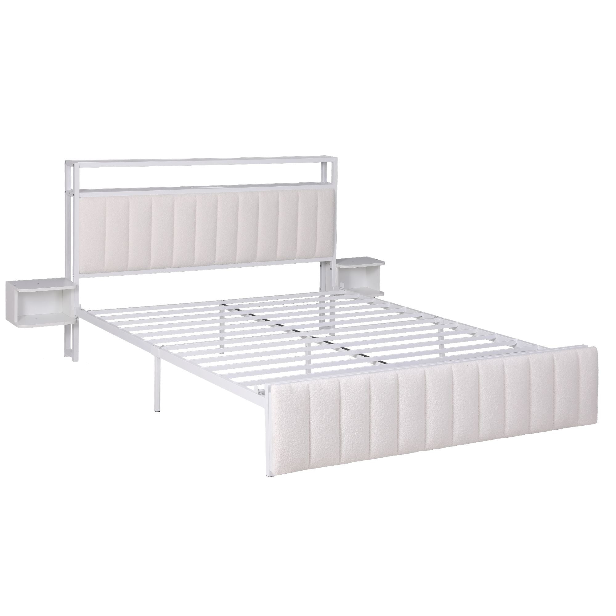 Artiss Queen Metal Bed Frame Boucle Headboard Charging Station Side Table White Bedworld
