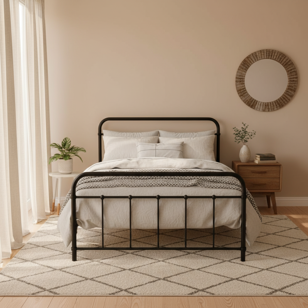 Black metal bed frame with vertical slat panels and curved headboard, king single