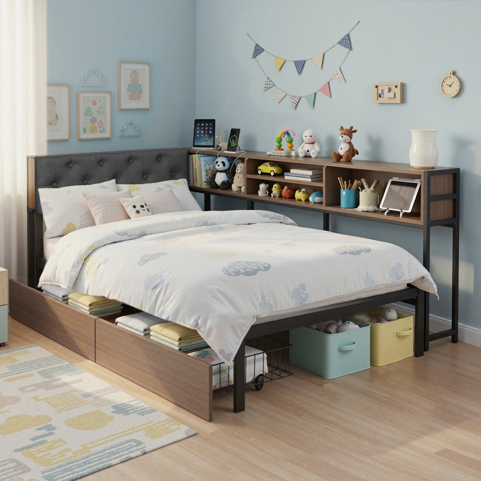 Artiss Bed Frame Single Size with 2 Drawers and Charging Station Metal Corner Bed Base Bedworld