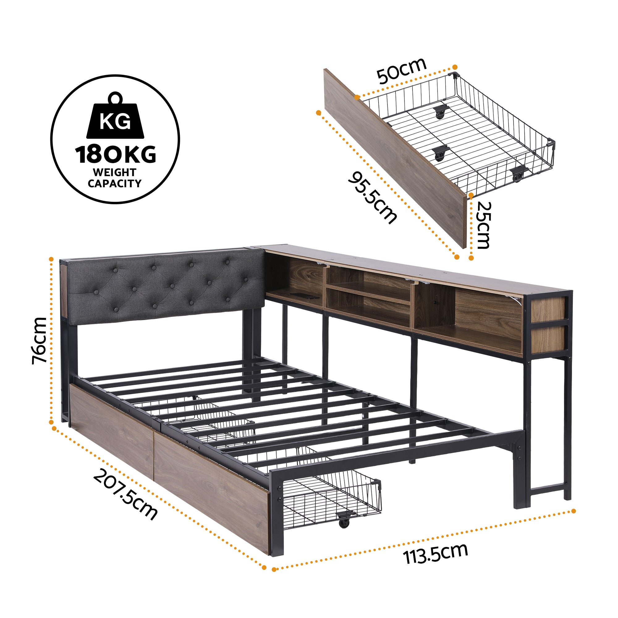 Artiss Bed Frame Single Size with 2 Drawers and Charging Station Metal Corner Bed Base Bedworld