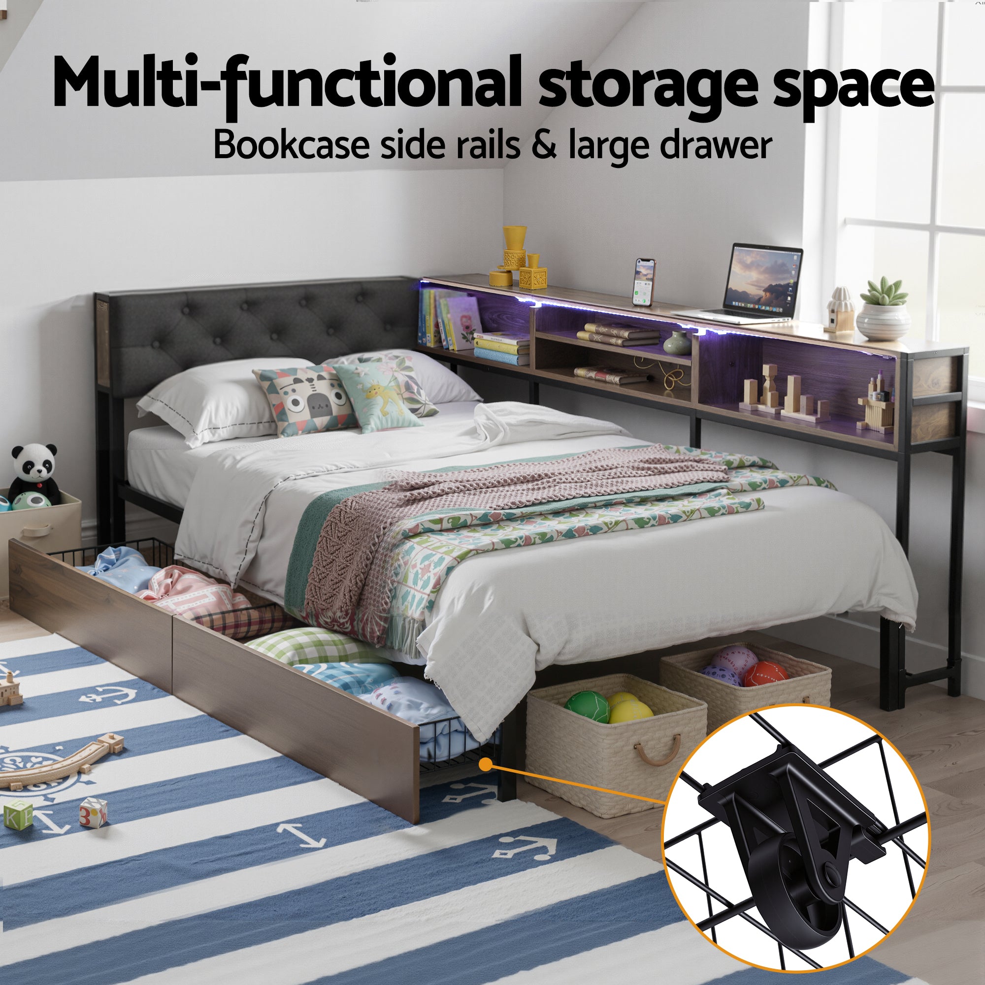 Artiss Bed Frame Single Size with 2 Drawers and Charging Station Metal Corner Bed Base Bedworld