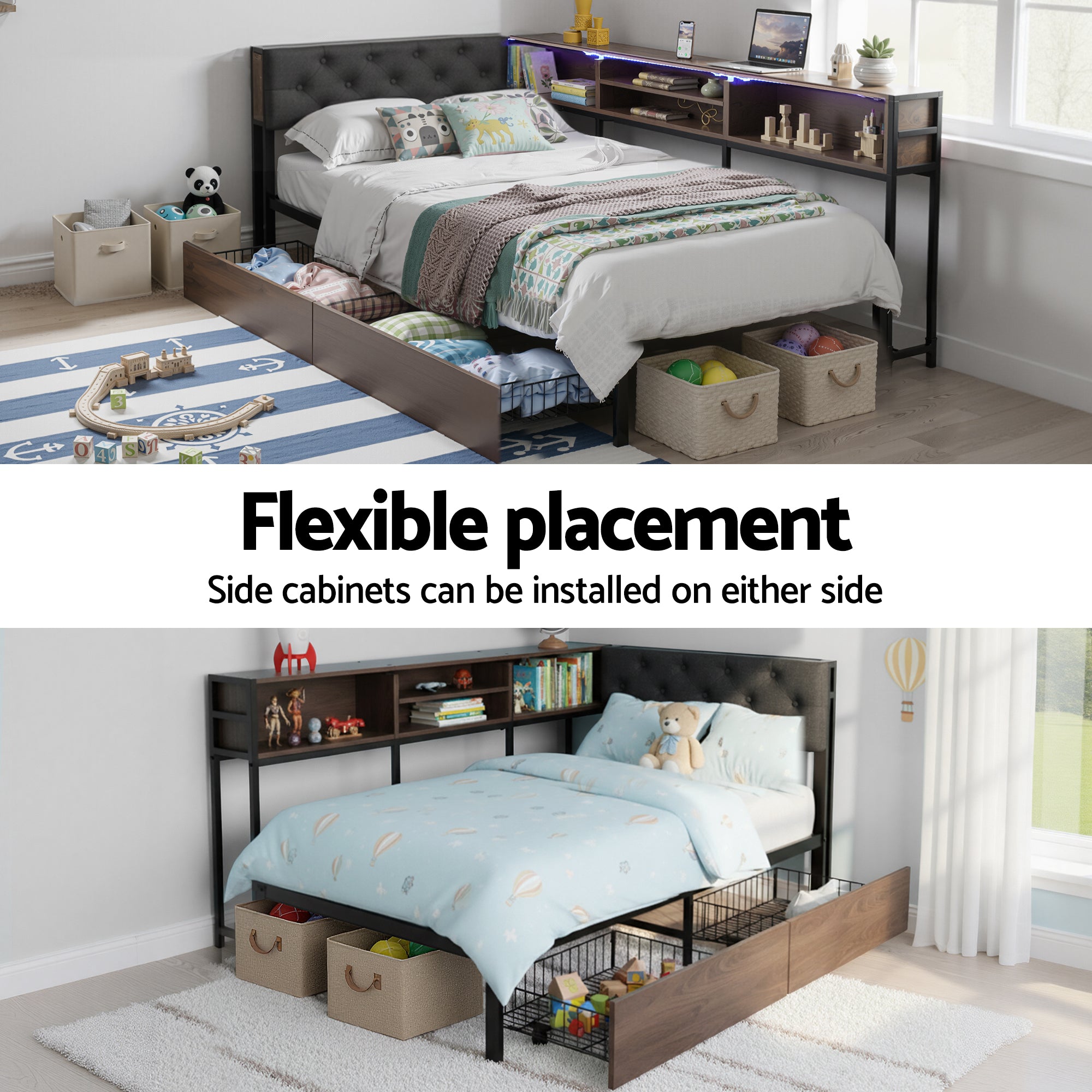 Artiss Bed Frame Single Size with 2 Drawers and Charging Station Metal Corner Bed Base Bedworld