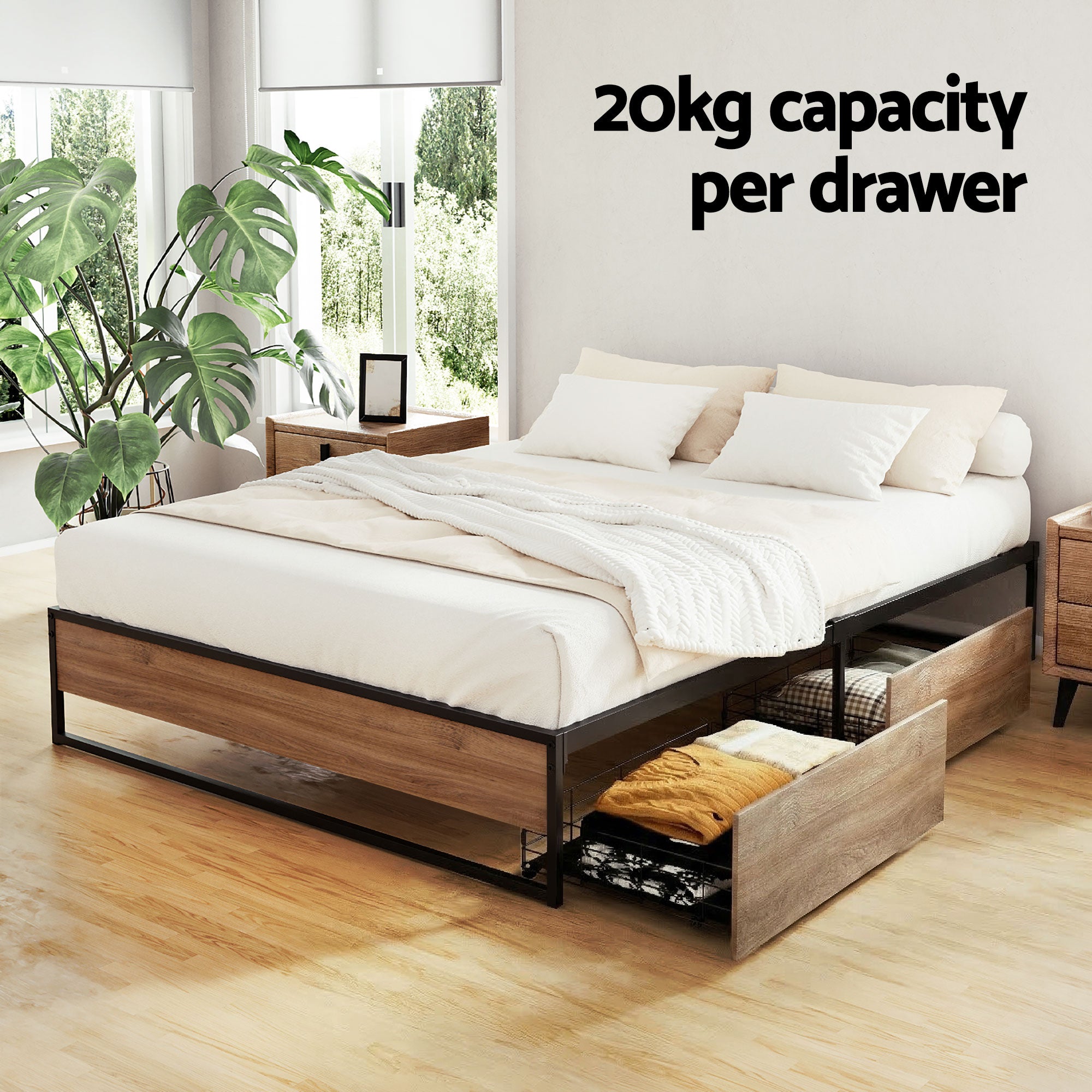 Artiss Bed Frame Metal Frame Double Size Bed Base 2 Drawers OSLO Bedworld