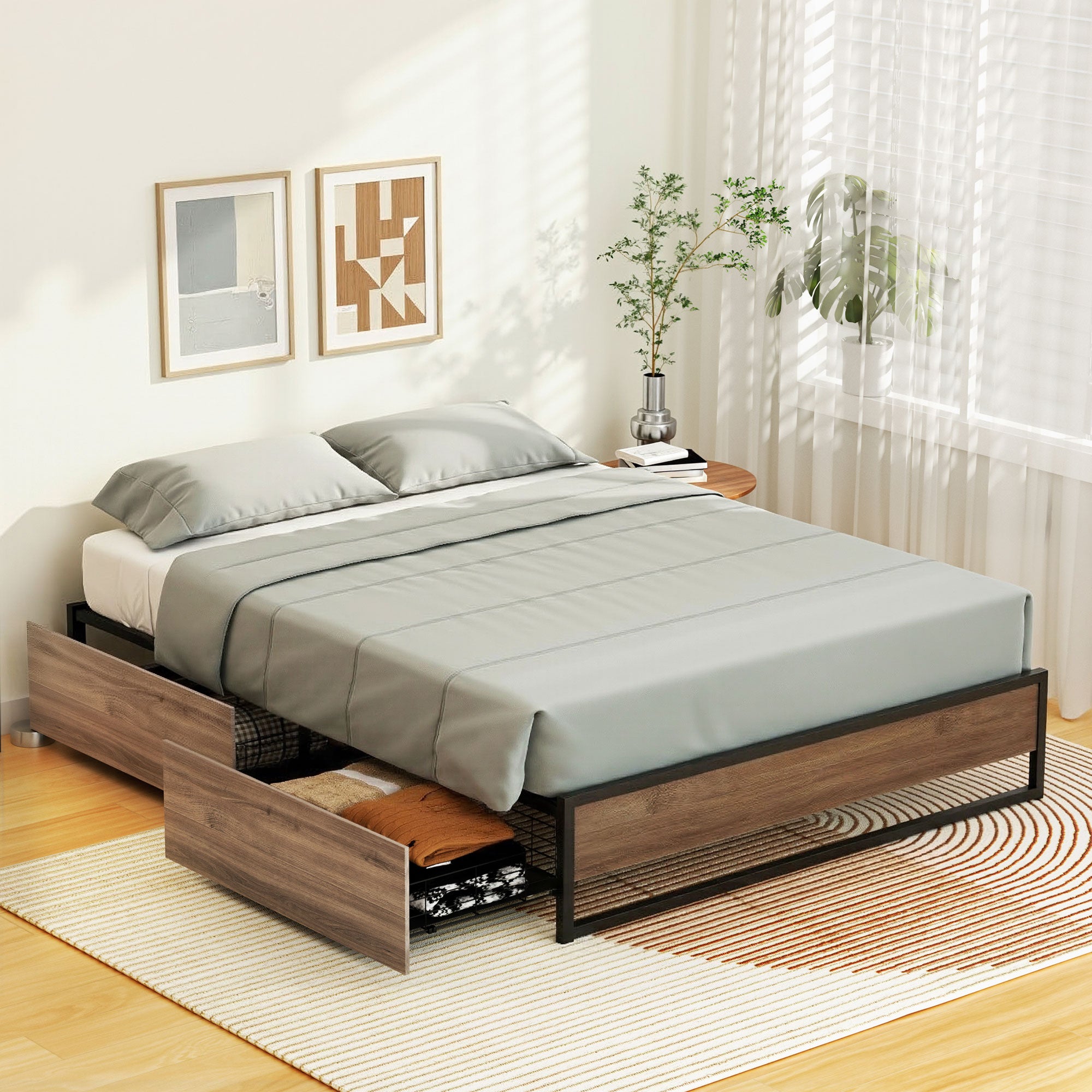 Artiss Bed Frame Metal Frame Queen Size Bed Base 2 Drawers OSLO Bedworld