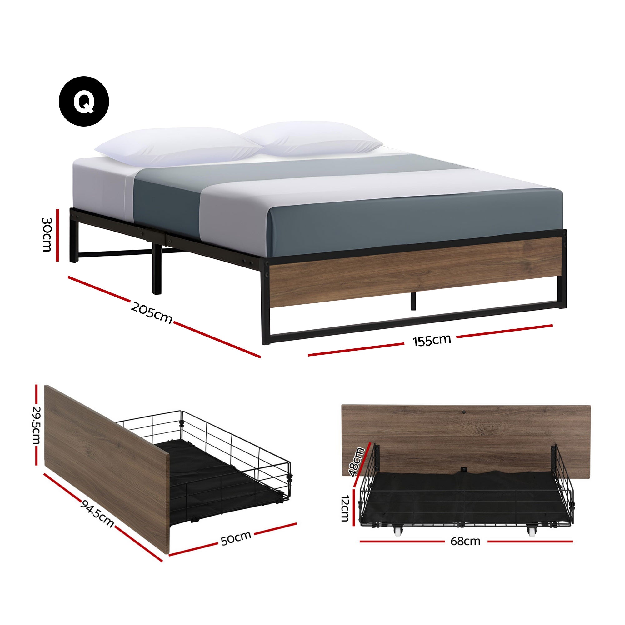 Artiss Bed Frame Metal Frame Queen Size Bed Base 2 Drawers OSLO Bedworld