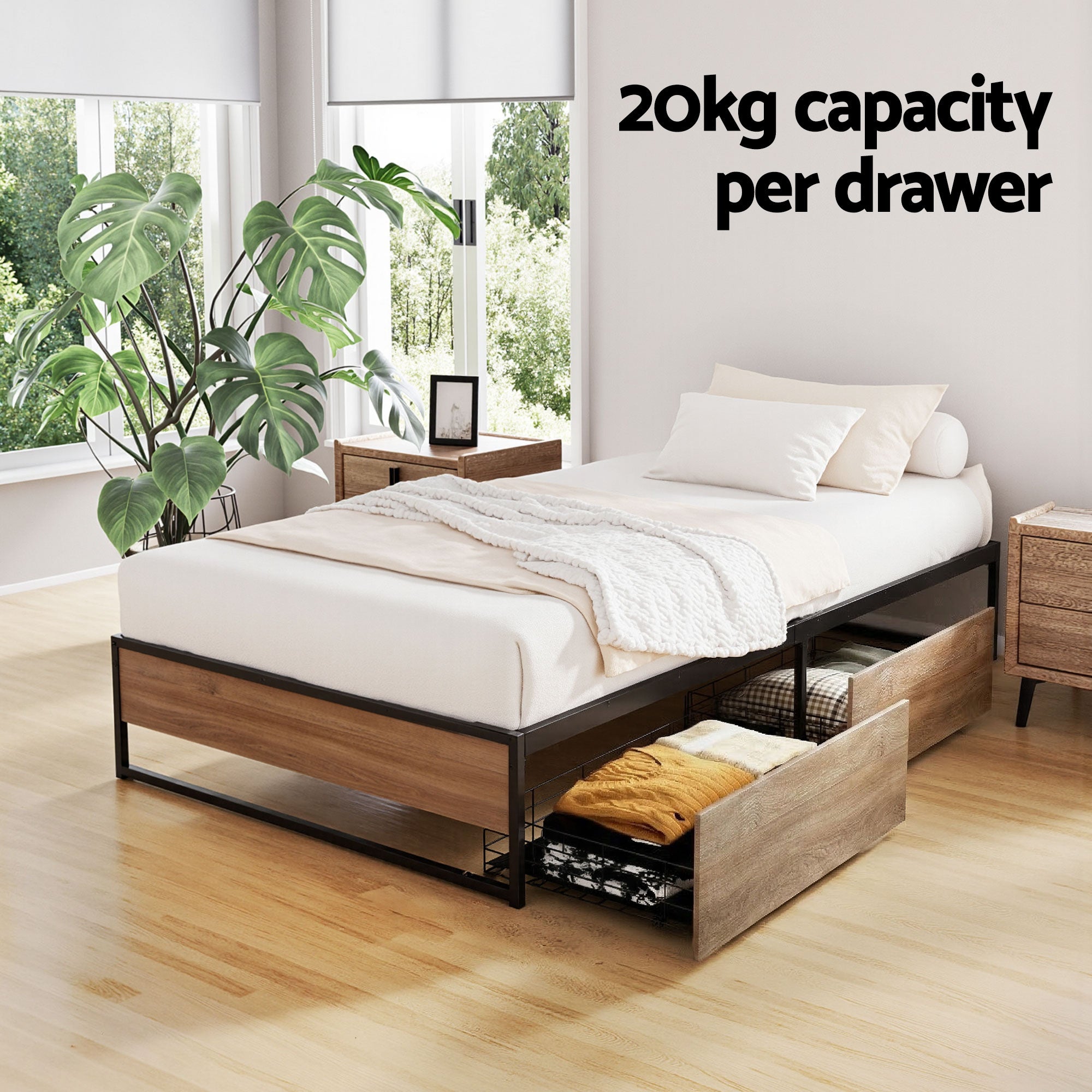 Artiss Bed Frame Metal Frame Single Bed Base 2 Drawers OSLO Bedworld