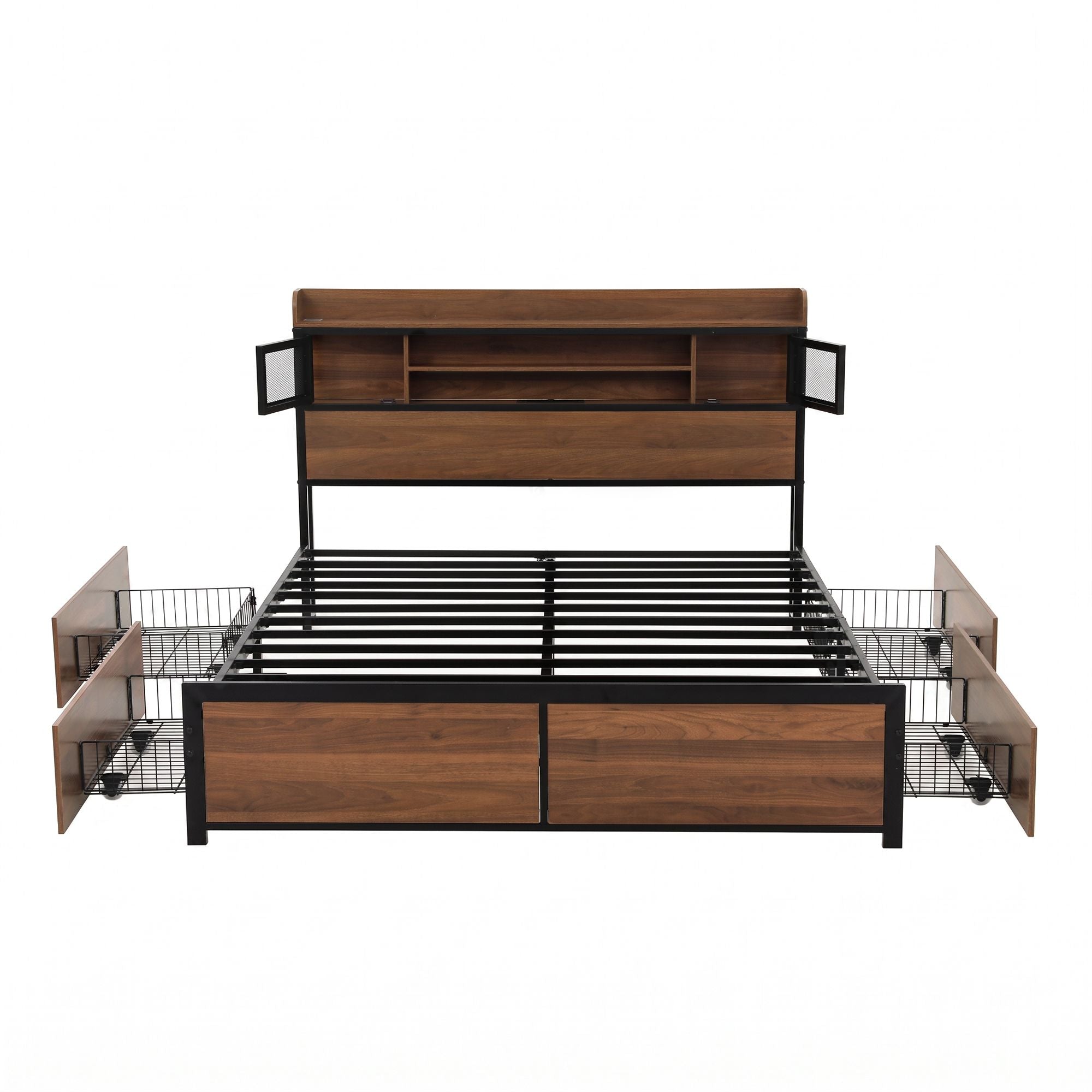 Artiss Double Bed Frame with Charging Station 4 Drawers Storage Oak Bedworld