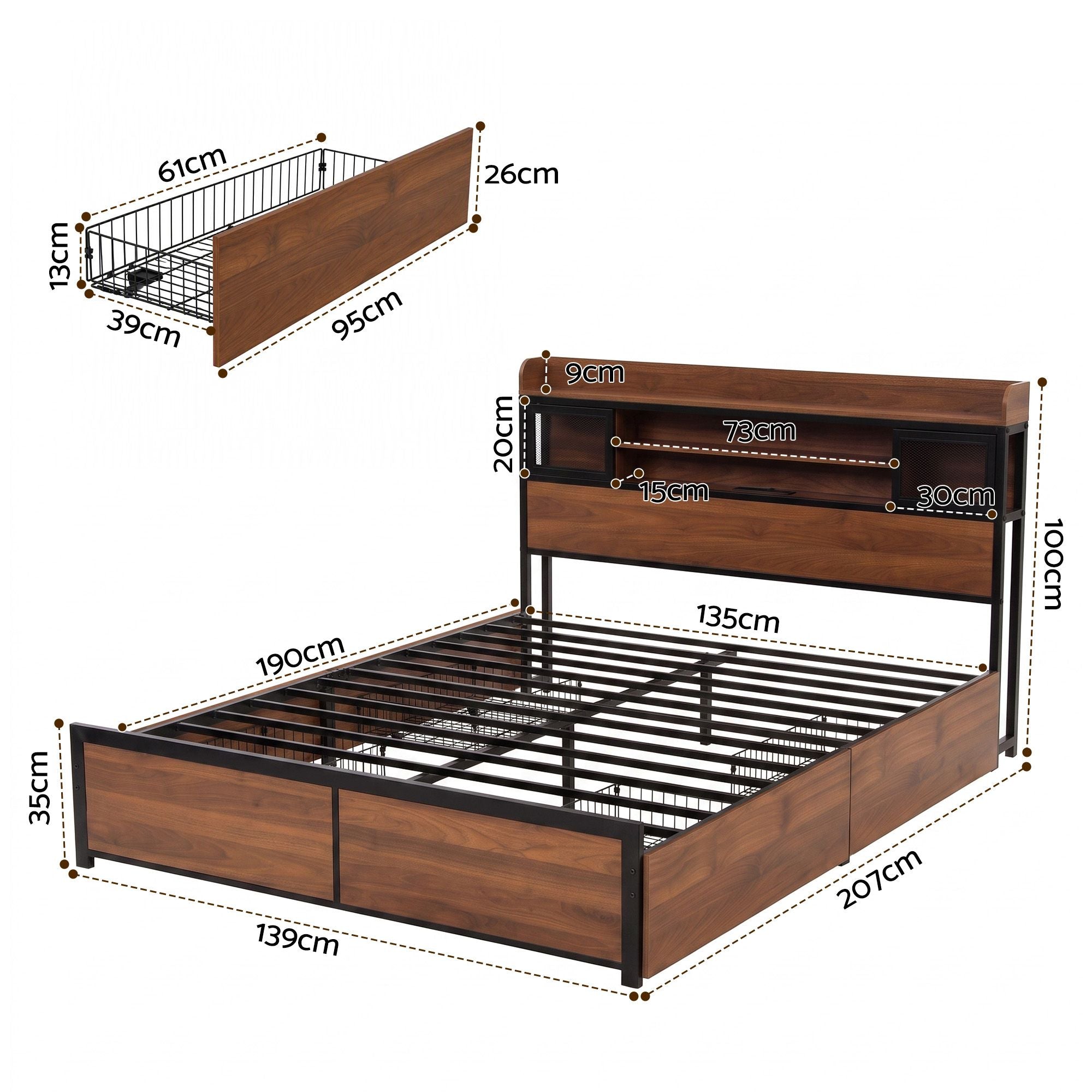 Artiss Double Bed Frame with Charging Station 4 Drawers Storage Oak Bedworld