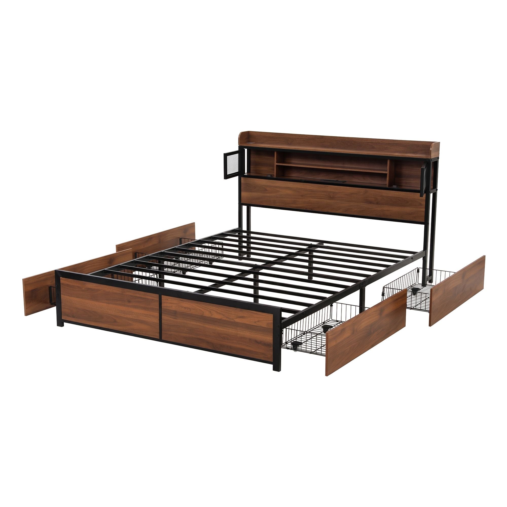 Artiss Double Bed Frame with Charging Station 4 Drawers Storage Oak Bedworld