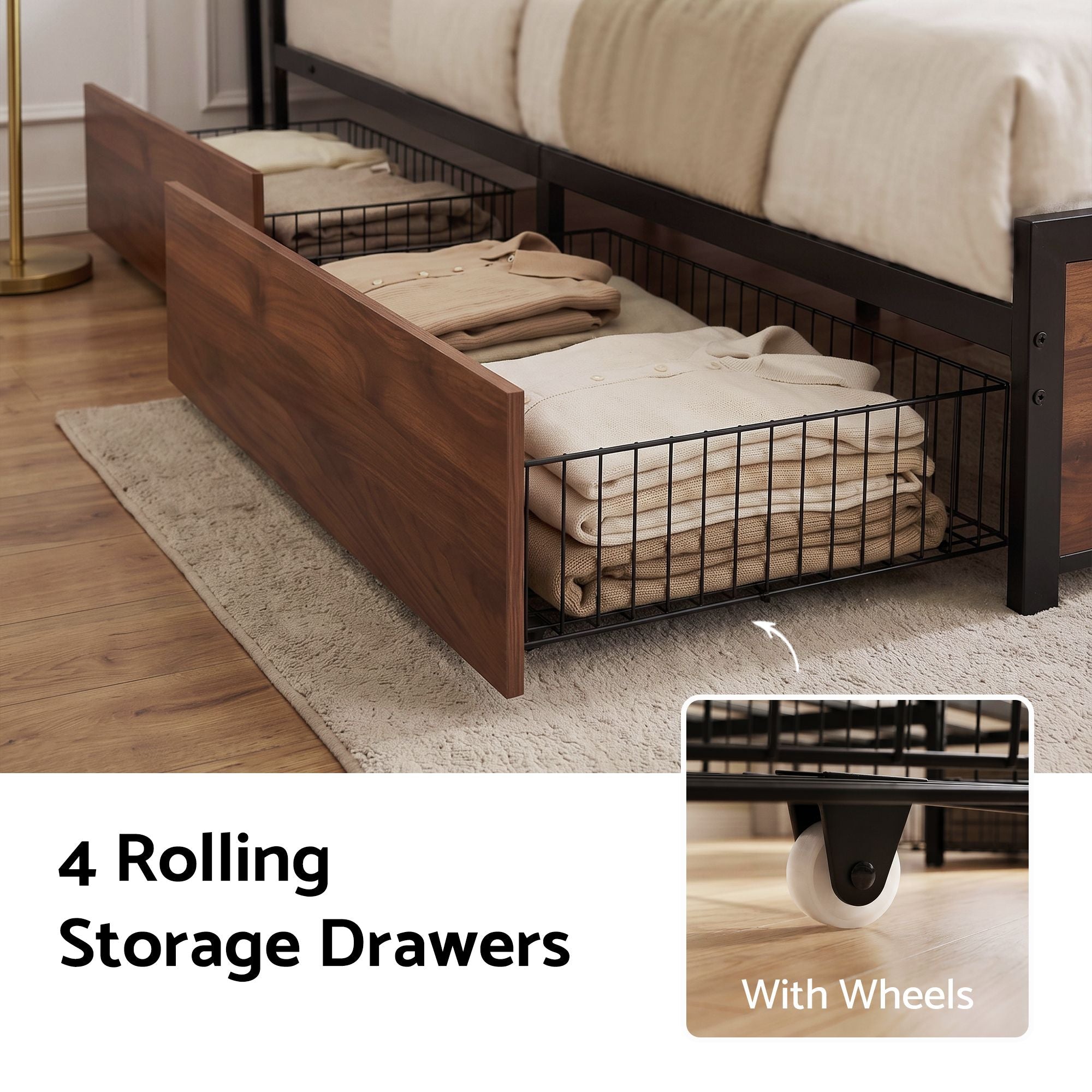 Artiss Double Bed Frame with Charging Station 4 Drawers Storage Oak Bedworld