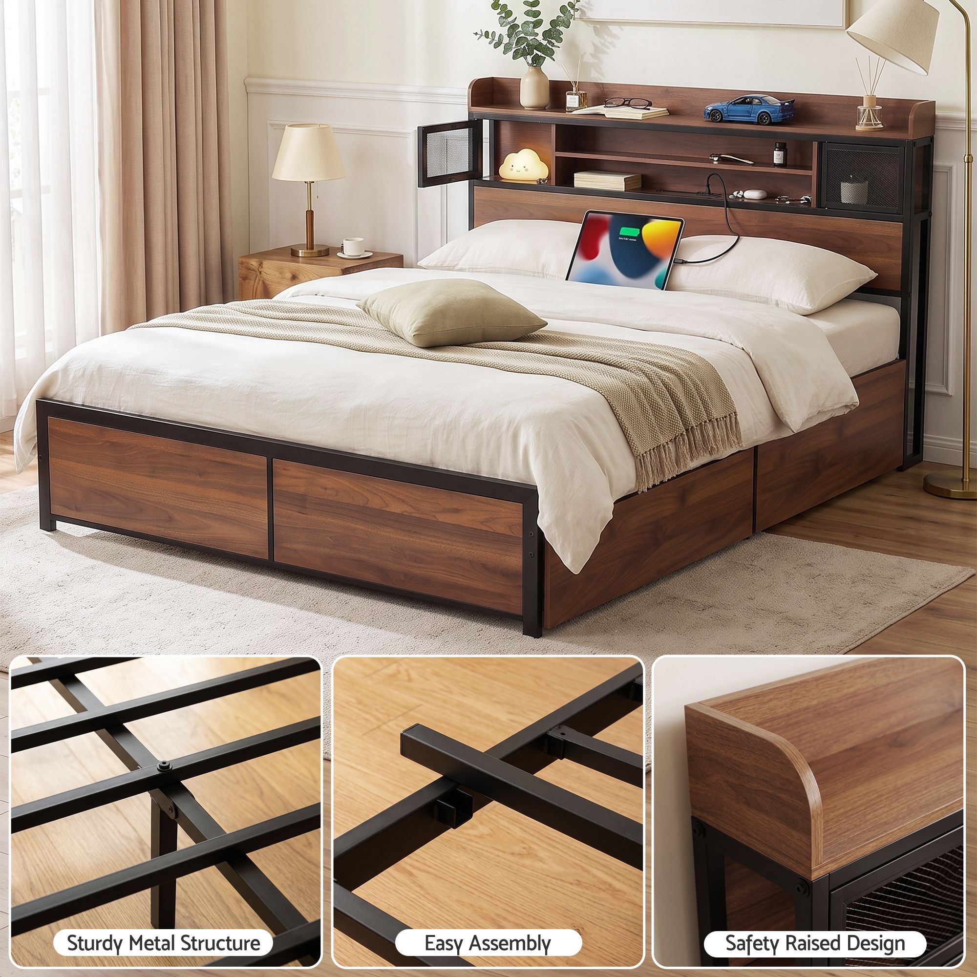 Artiss Double Bed Frame with Charging Station 4 Drawers Storage Oak Bedworld