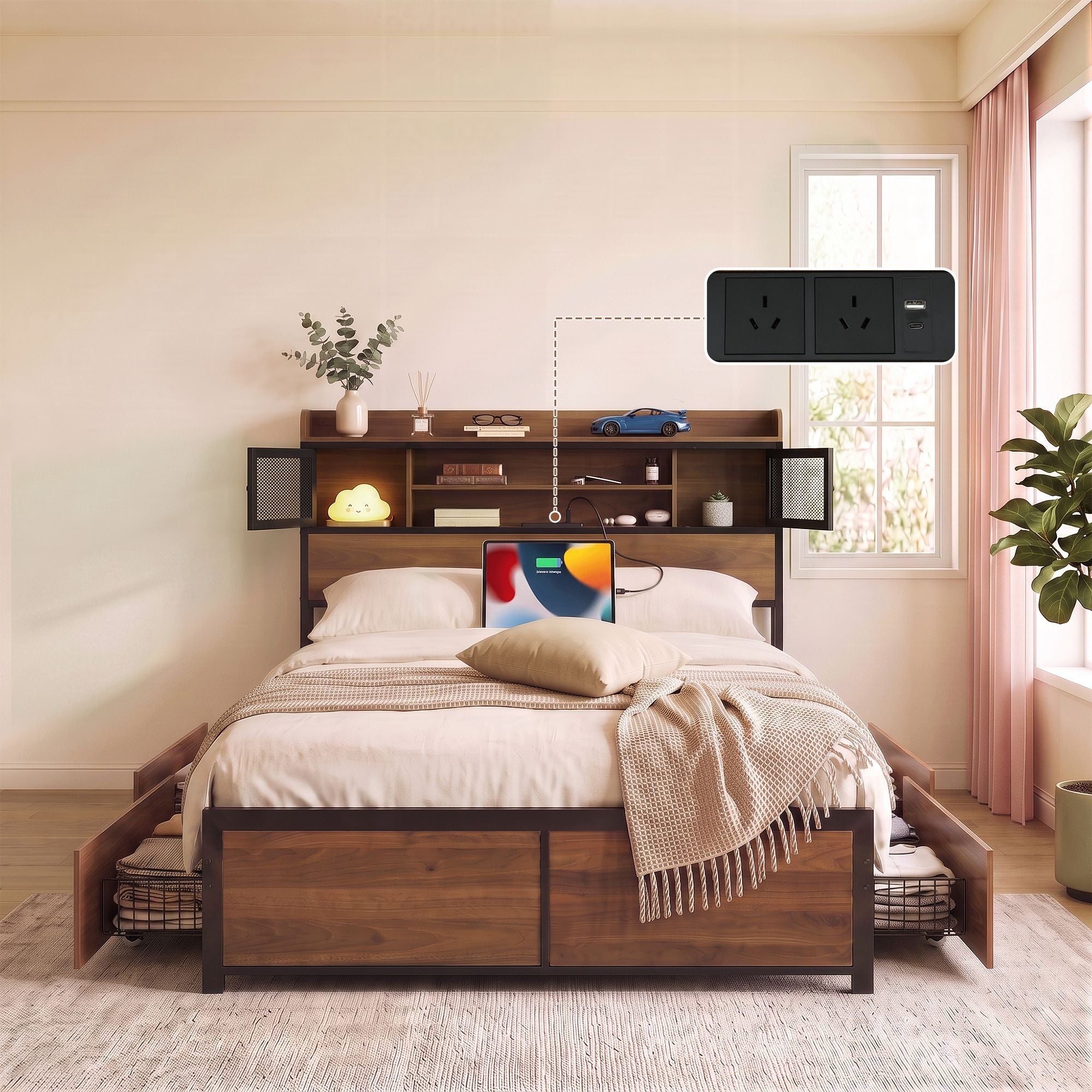 Artiss Double Bed Frame with Charging Station 4 Drawers Storage Oak Bedworld