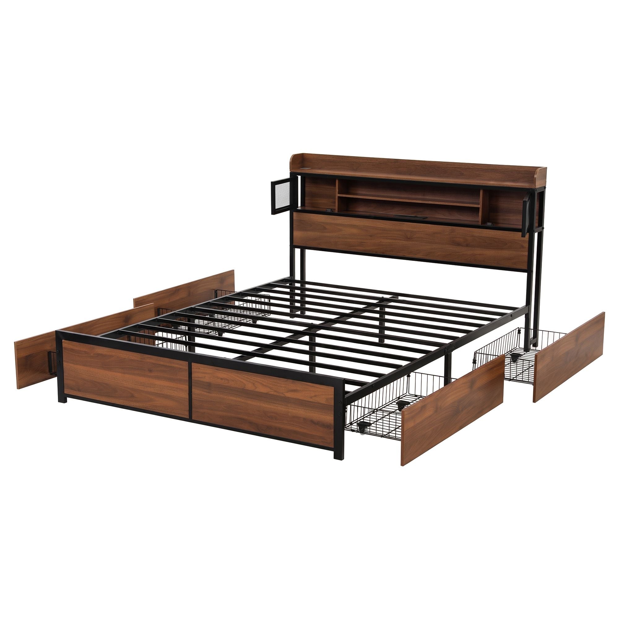 Artiss Queen Bed Frame with Charging Station 4 Drawers Storage Oak Bedworld