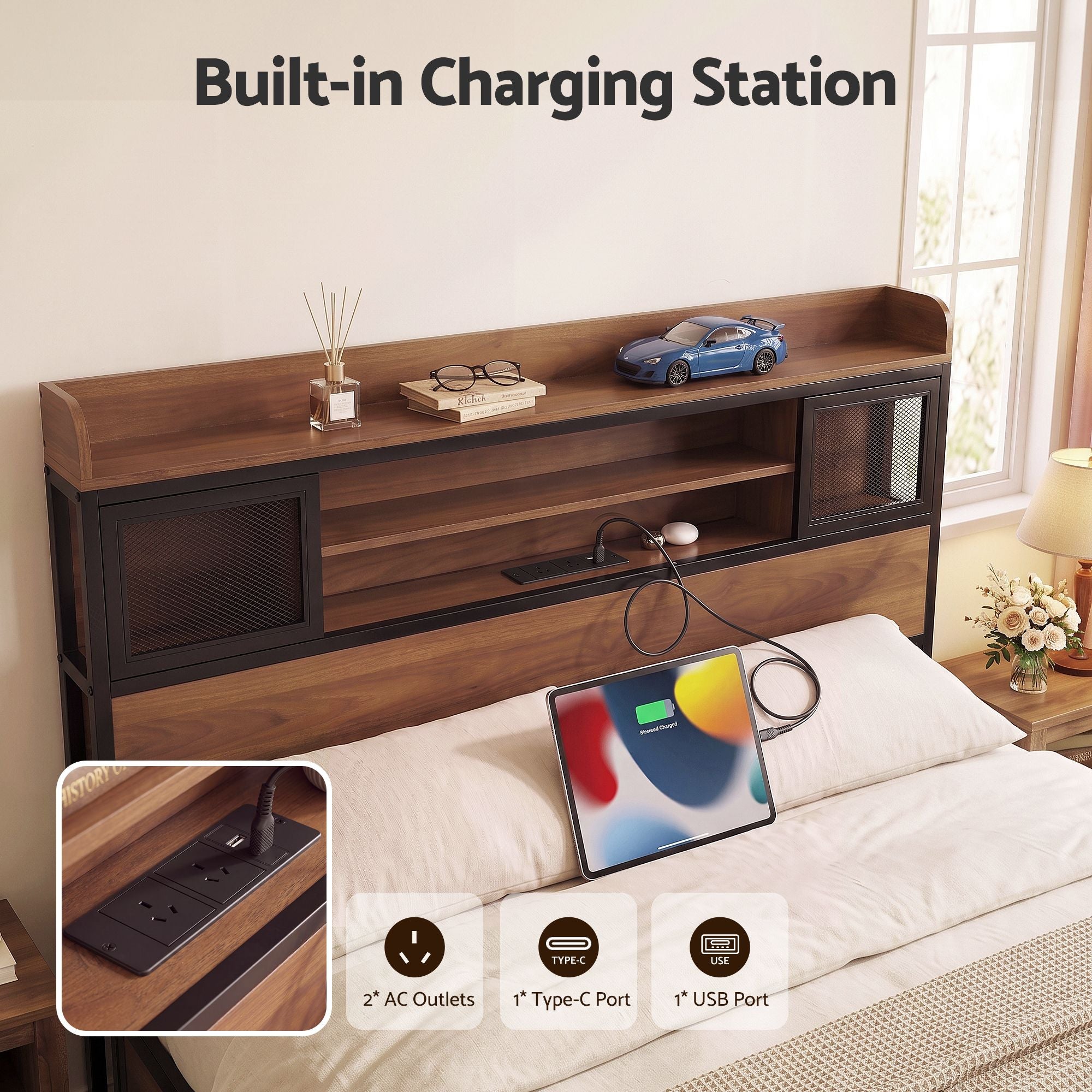 Artiss Queen Bed Frame with Charging Station 4 Drawers Storage Oak Bedworld
