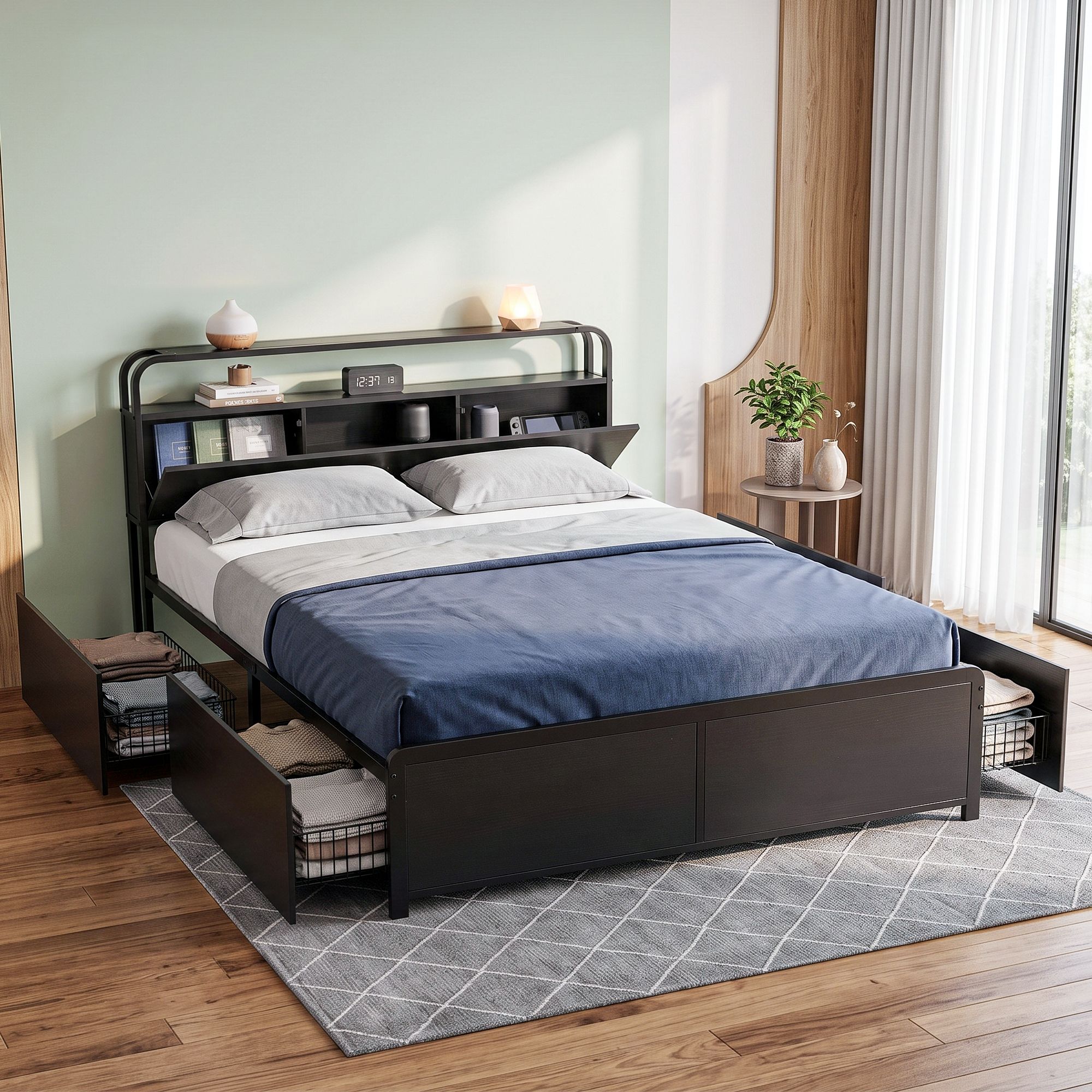 Artiss Queen Metal Bed Frame 4 Drawers Hidden Storage Headboard HEDY Bedworld